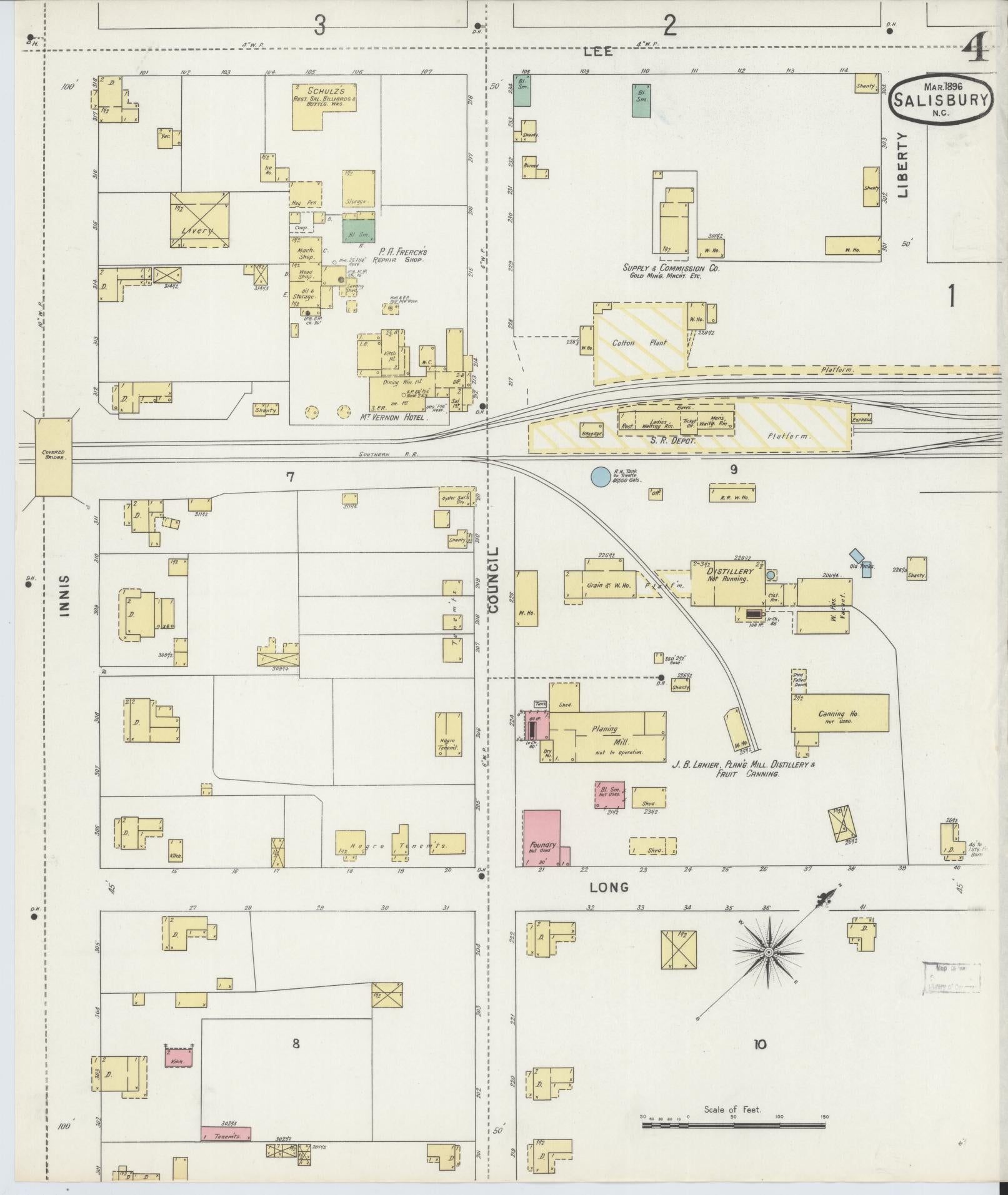 Sanborn Fire Insurance Map from Salisbury, Rowan County, North Carolina (1896), Sheet #0004 - Complete Map Set gallery image, historic Sanborn map, vintage wall art, North Carolina North Carolina