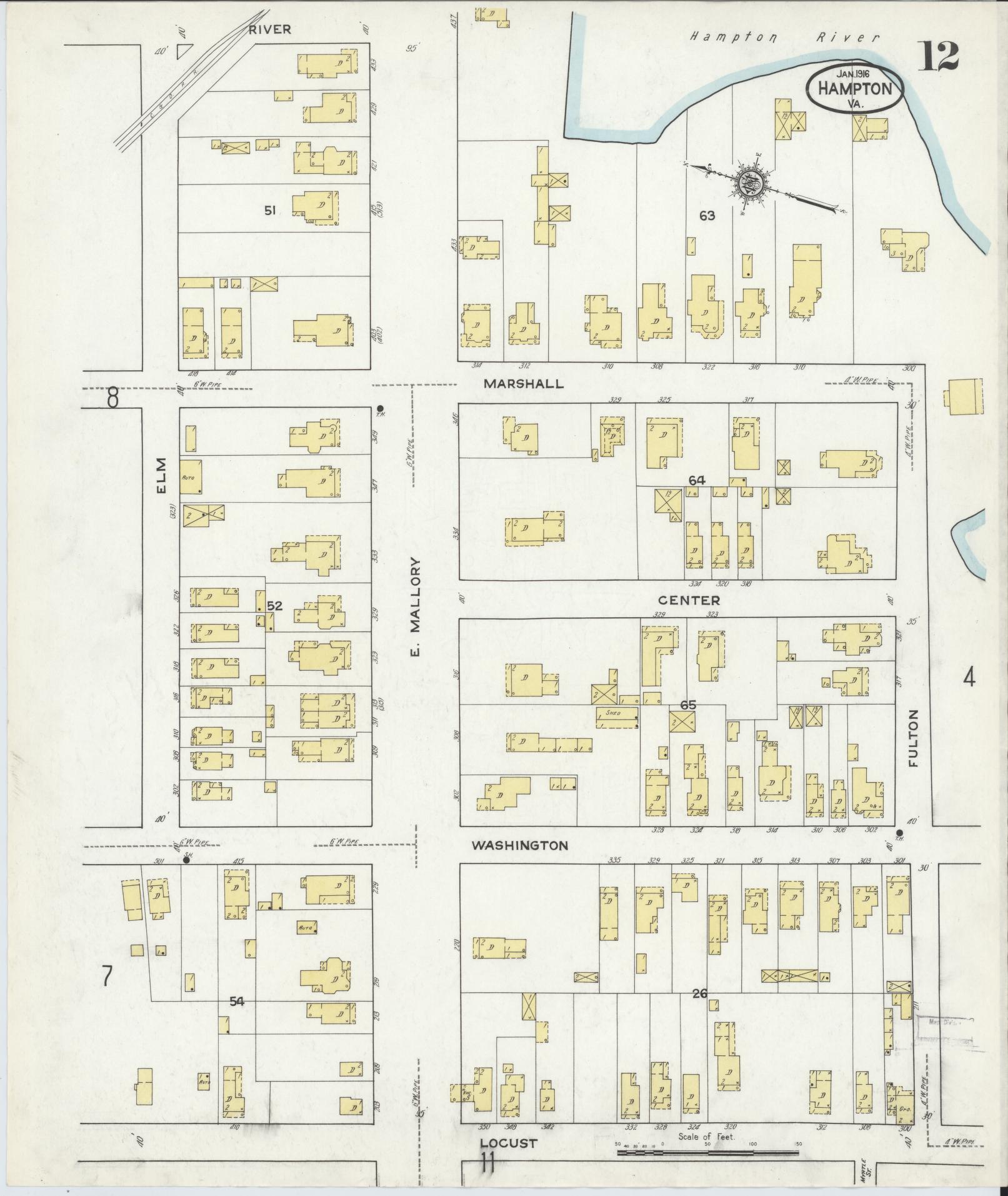 Sanborn Fire Insurance Map from Hampton, Independent Cities, Virginia (1916), Sheet #0012 - Complete Map Set gallery image, historic Sanborn map, vintage wall art, Virginia Virginia