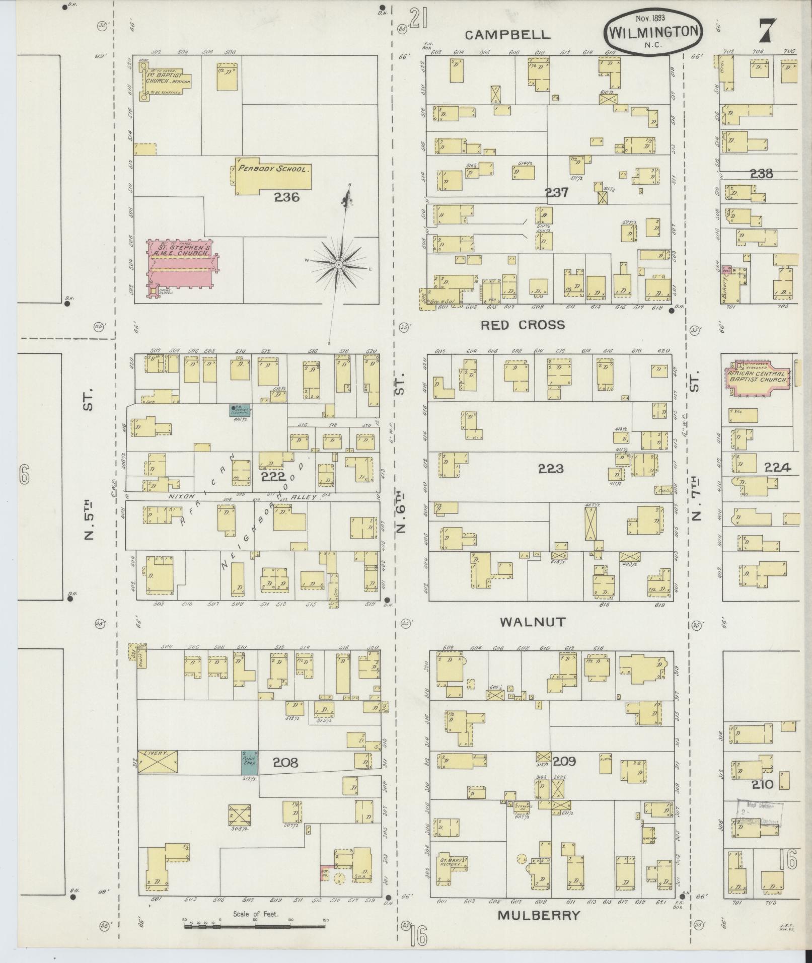 Sanborn Fire Insurance Map from Wilmington, New Hanover County, North Carolina (1893), Sheet #0007 - Historic Sanborn Fire Insurance Map Print, vintage old map wall art, antique decor, genealogy gift, North Carolina North Carolina map