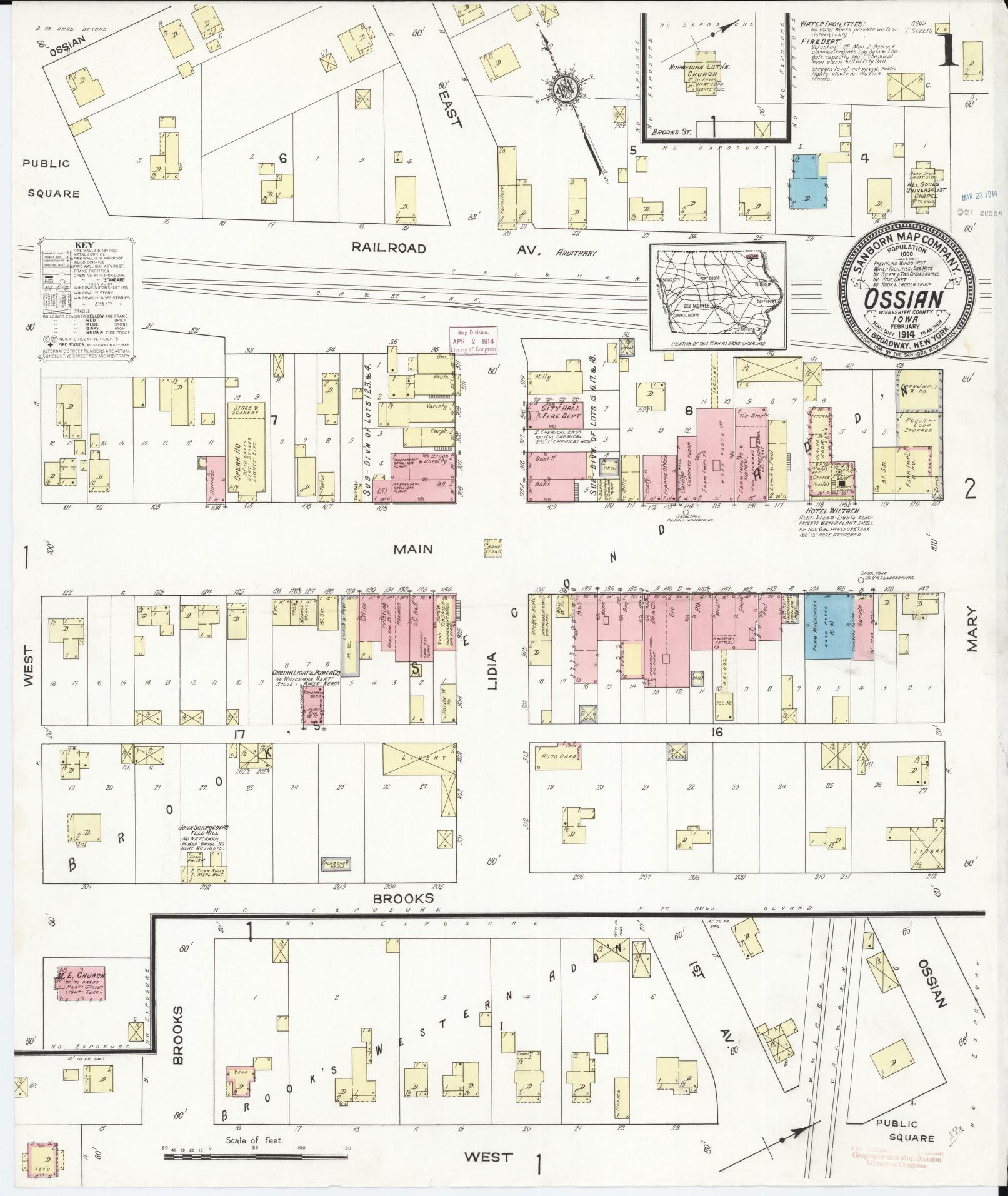 Sanborn Fire Insurance Map from Ossian, Winneshiek County, Iowa (1914), Sheet #0001 - Historic Sanborn Fire Insurance Map Print