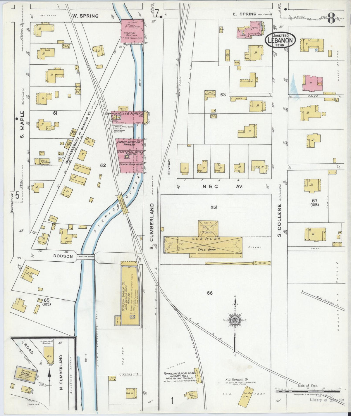 Sanborn Fire Insurance Map from Lebanon, Wilson County, Tennessee (1920), Sheet #0008 - Complete Map Set gallery image, historic Sanborn map, vintage wall art, Tennessee Tennessee