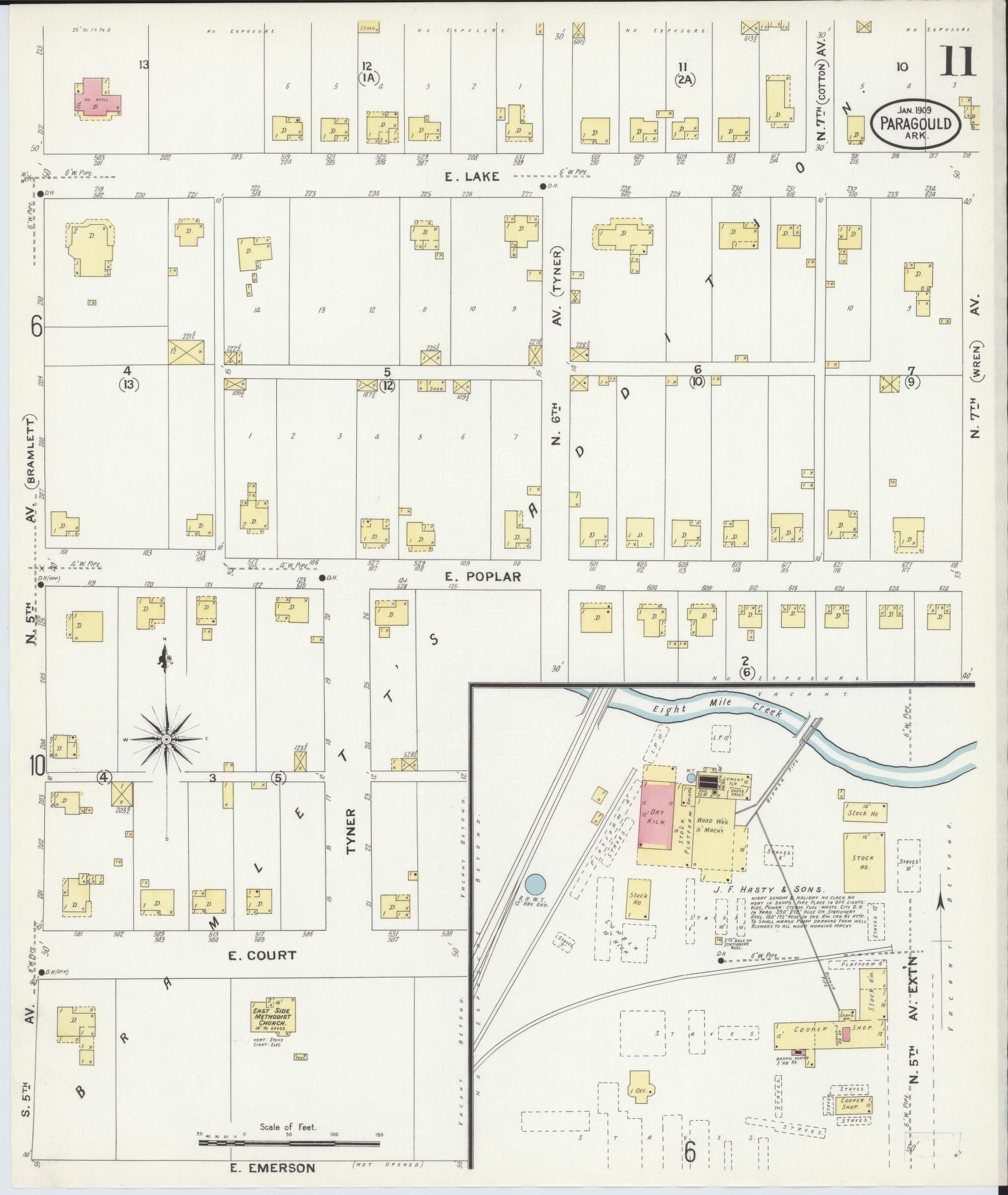 Sanborn Fire Insurance Map from Paragould, Greene County, Arkansas (1909), Sheet #0011 - Historic Sanborn Fire Insurance Map Print, vintage old map wall art, antique decor, genealogy gift, Arkansas Arkansas map