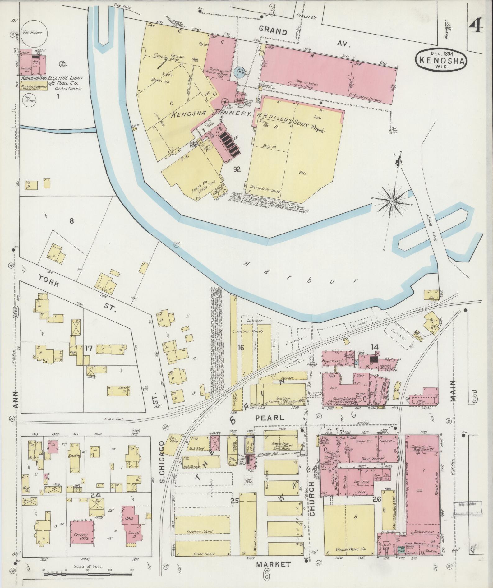 Sanborn Fire Insurance Map from Kenosha, Kenosha County, Wisconsin (1894), Sheet #0004 - Complete Map Set gallery image, historic Sanborn map, vintage wall art, Wisconsin Wisconsin
