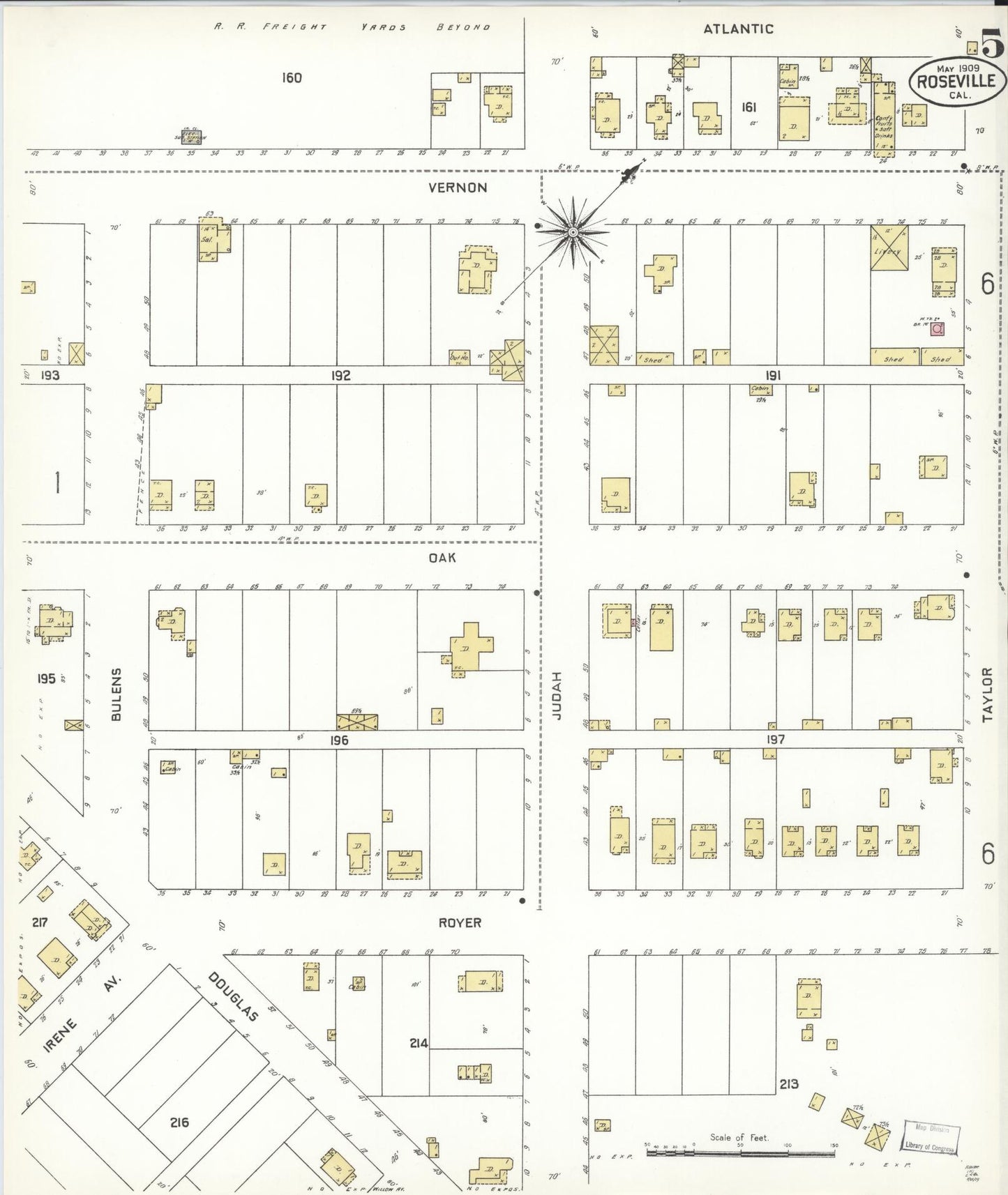 Sanborn Fire Insurance Map from Roseville, Placer County, California (1909), Sheet #0005 - Complete Map Set gallery image, historic Sanborn map, vintage wall art, California California