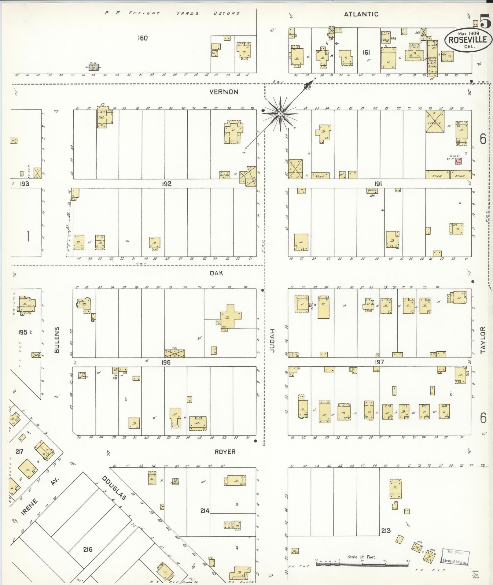 Sanborn Fire Insurance Map from Roseville, Placer County, California (1909), Sheet #0005 - Complete Map Set gallery image, historic Sanborn map, vintage wall art, California California