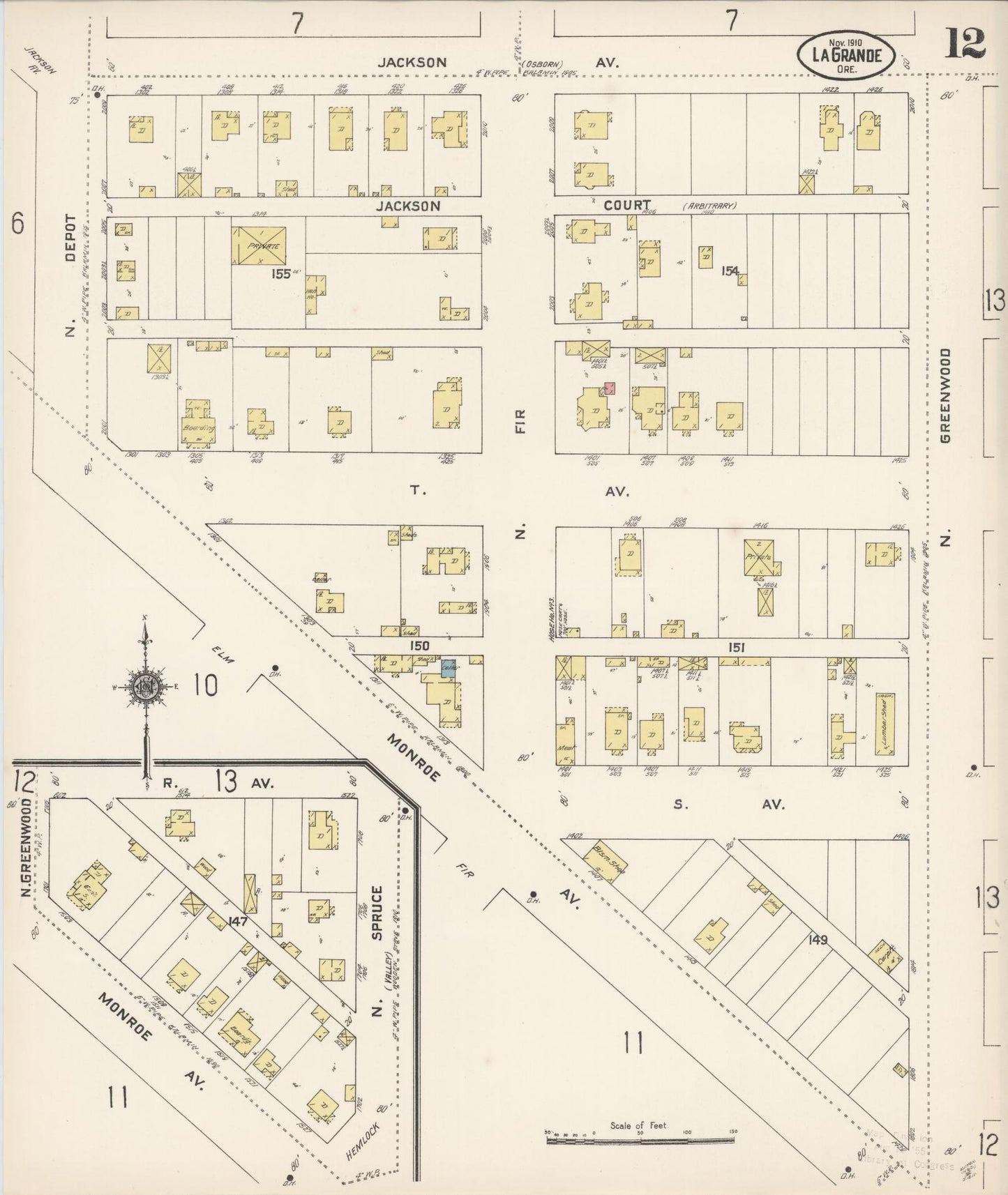 Sanborn Fire Insurance Map from La Grande, Union County, Oregon (1910), Sheet #0012 - Complete Map Set gallery image, historic Sanborn map, vintage wall art, Oregon Oregon