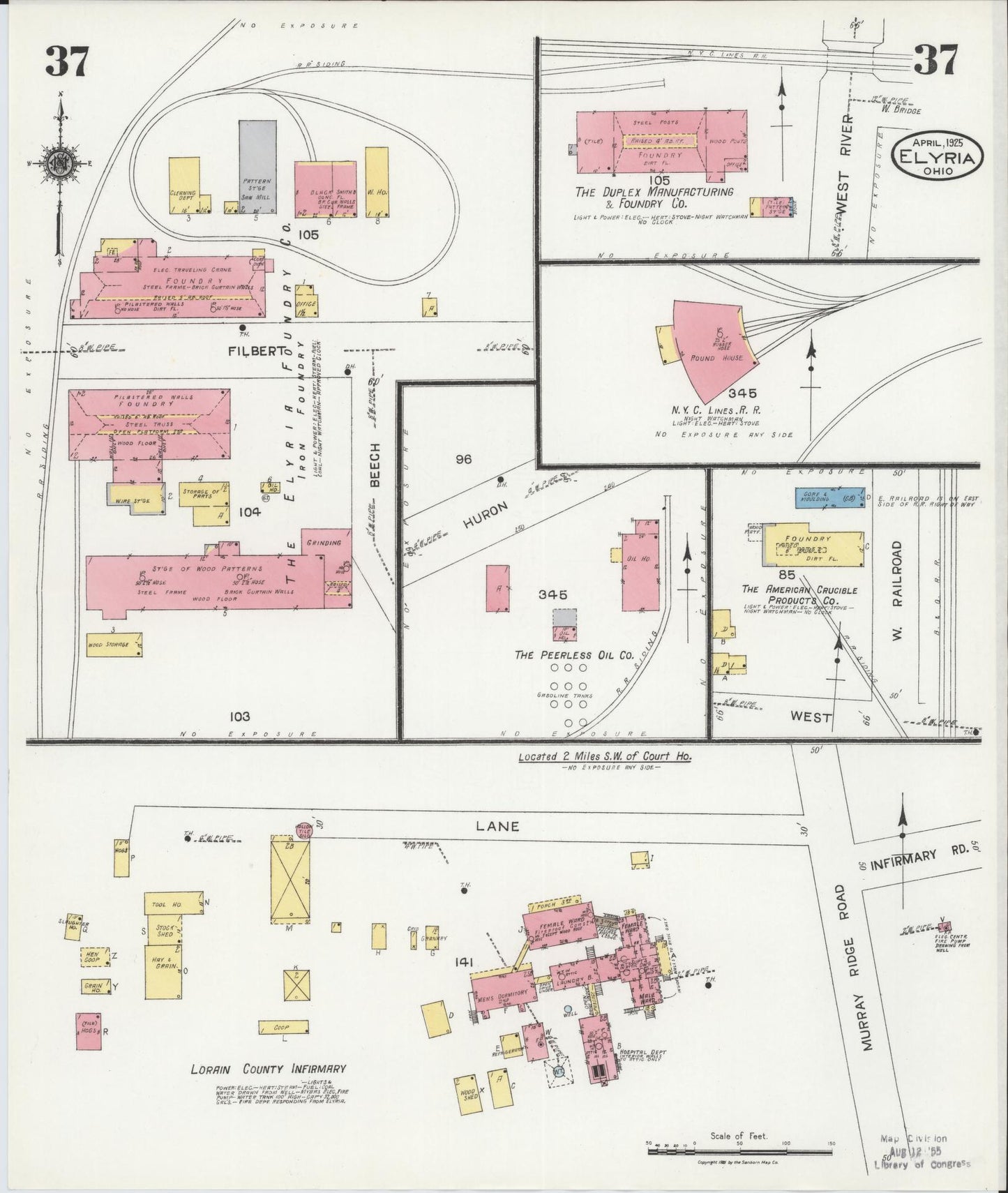 Sanborn Fire Insurance Map from Elyria, Lorain County, Ohio (1925), Sheet #0037 - Historic Sanborn Fire Insurance Map Print, vintage old map wall art, antique decor, genealogy gift, Ohio Ohio map