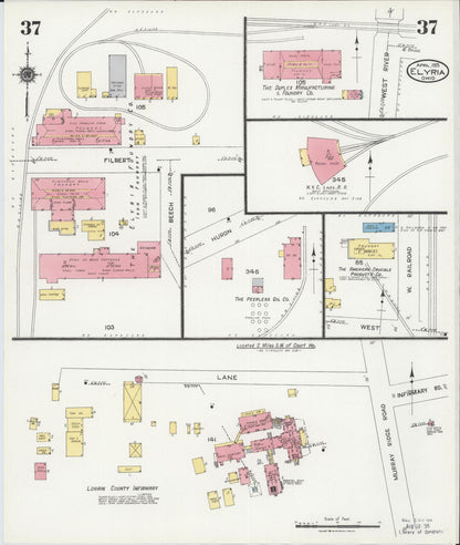 Sanborn Fire Insurance Map from Elyria, Lorain County, Ohio (1925), Sheet #0037 - Historic Sanborn Fire Insurance Map Print, vintage old map wall art, antique decor, genealogy gift, Ohio Ohio map