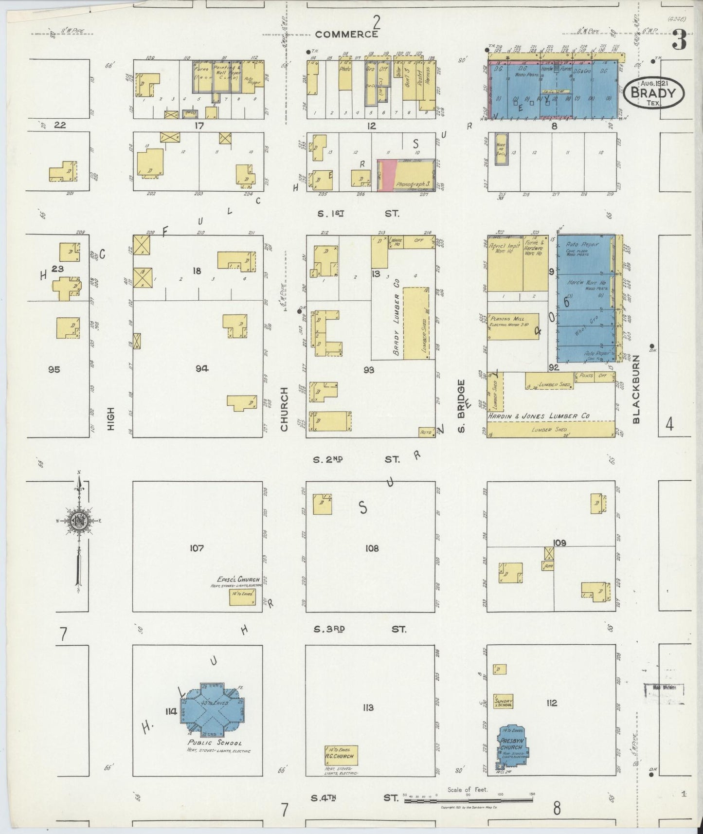 Sanborn Fire Insurance Map from Brady, McCulloch County, Texas (1921), Sheet #0003 - Historic Sanborn Fire Insurance Map Print, vintage old map wall art, antique decor, genealogy gift, Texas Texas map