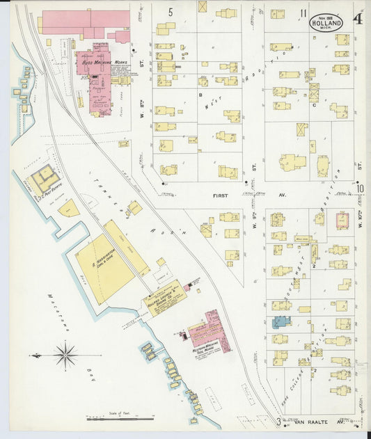 Sanborn Fire Insurance Map from Holland, Ottawa County, Michigan (1908), Sheet #0004 - Historic Sanborn Fire Insurance Map Print, vintage old map wall art, antique decor, genealogy gift, Michigan Michigan map
