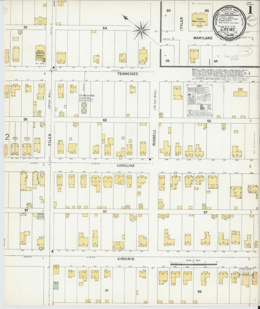 Sanborn Fire Insurance Map from Crewe, Nottoway County, Virginia (1899), Sheet #0001 - Complete Map Set gallery image, historic Sanborn map, vintage wall art, Virginia Virginia