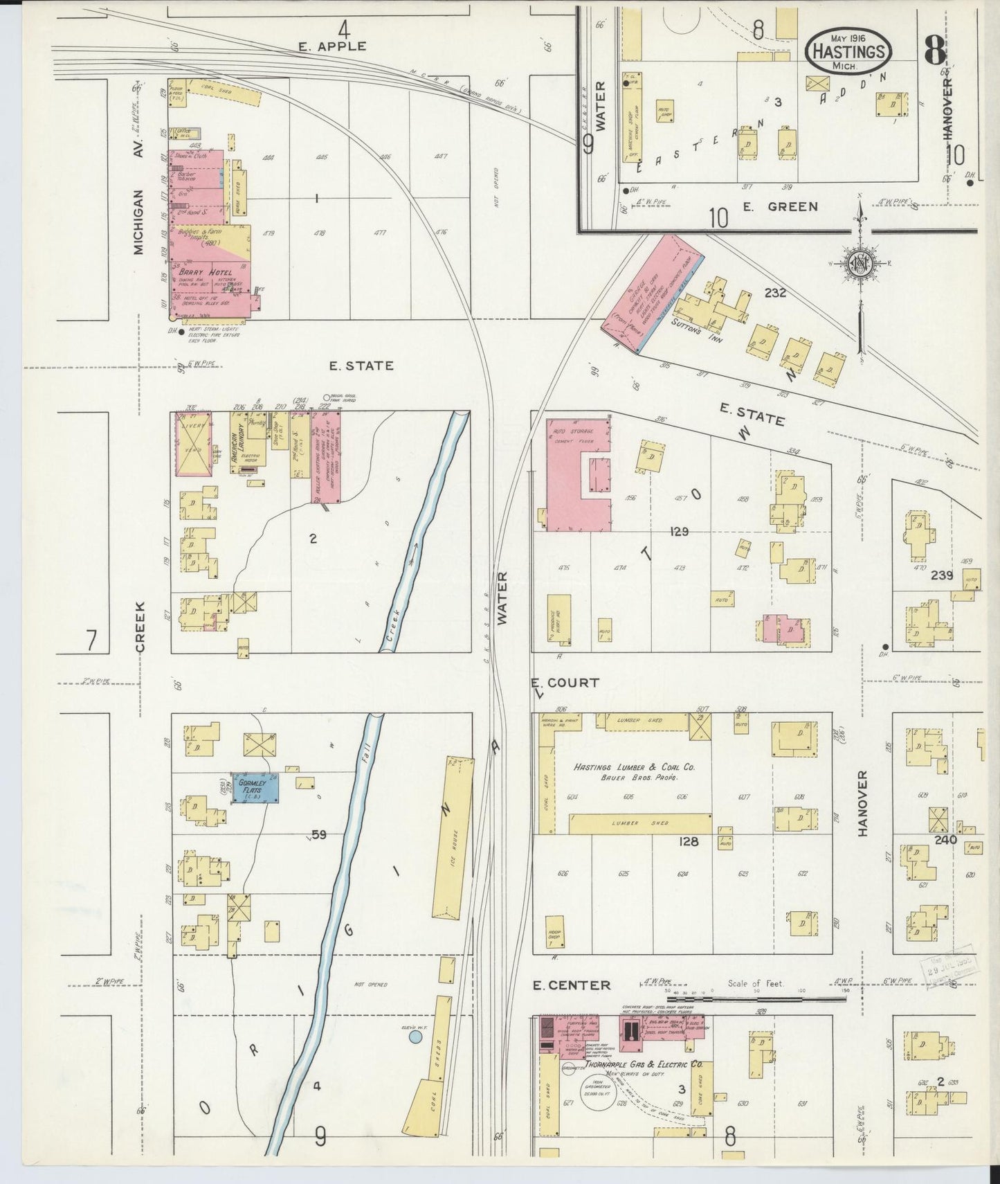 Sanborn Fire Insurance Map from Hastings, Barry County, Michigan (1916), Sheet #0008 - Historic Sanborn Fire Insurance Map Print, vintage old map wall art, antique decor, genealogy gift, Michigan Michigan map