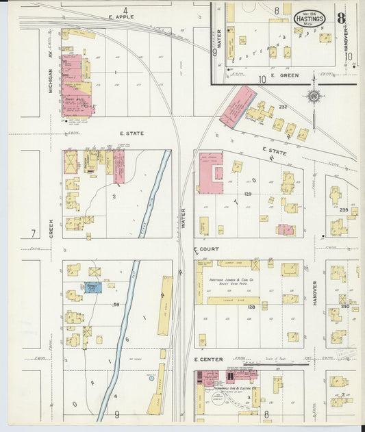 Sanborn Fire Insurance Map from Hastings, Barry County, Michigan (1916), Sheet #0008 - Historic Sanborn Fire Insurance Map Print, vintage old map wall art, antique decor, genealogy gift, Michigan Michigan map