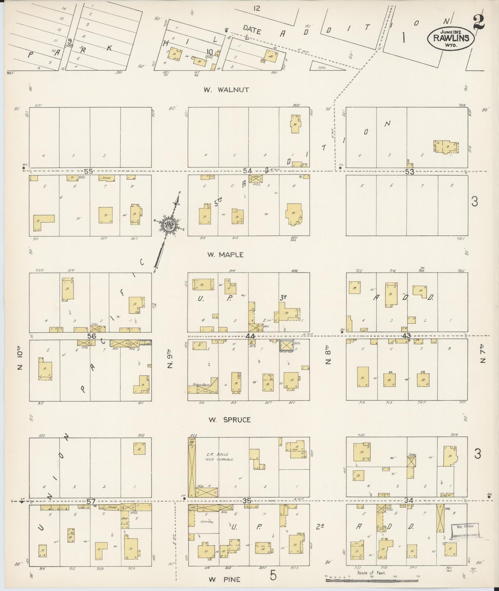 Sanborn Fire Insurance Map from Rawlins, Carbon County, Wyoming (1912), Sheet #0002 - Complete Map Set gallery image, historic Sanborn map, vintage wall art, Wyoming Wyoming
