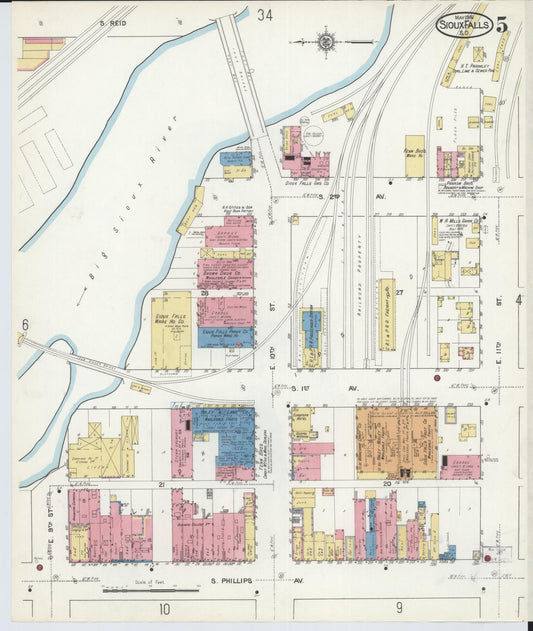 Sanborn Fire Insurance Map from Sioux Falls, Minnehaha County, South Dakota (1916), Sheet #0005 - Historic Sanborn Fire Insurance Map Print, vintage old map wall art, antique decor, genealogy gift, South Dakota South Dakota map