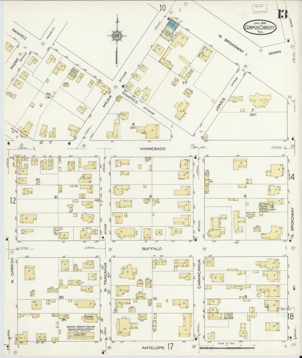 Sanborn Fire Insurance Map from Corpus Christi, Nueces County, Texas (1914), Sheet #0013 - Complete Map Set gallery image, historic Sanborn map, vintage wall art, Texas Texas