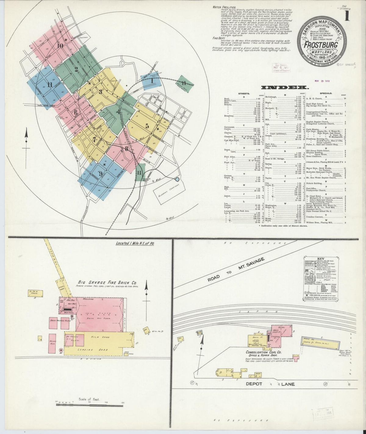 Sanborn Fire Insurance Map from Frostburg, Allegany County, Maryland (1910), Sheet #0001 - Historic Sanborn Fire Insurance Map Print, vintage old map wall art, antique decor, genealogy gift, Maryland Maryland map