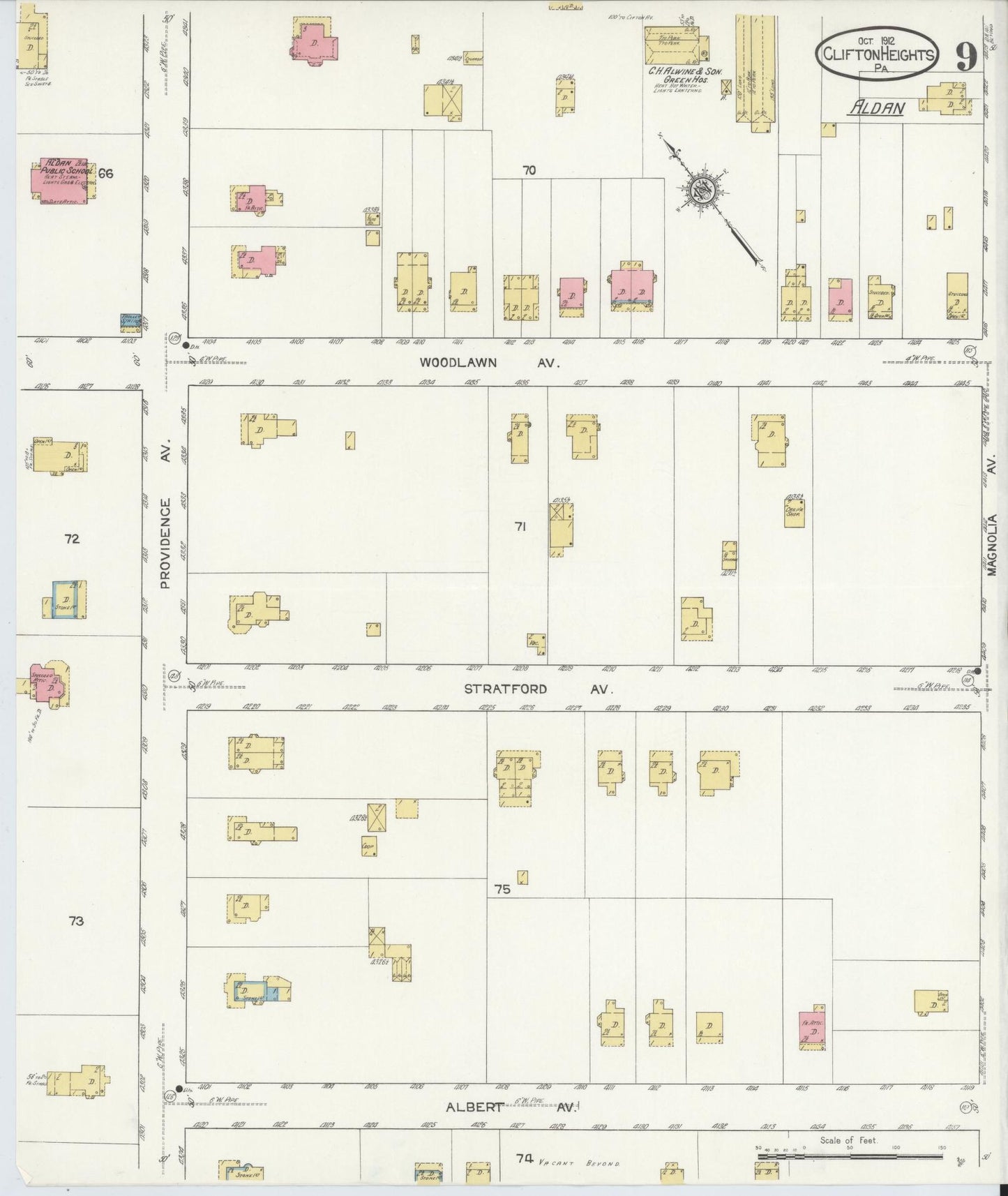 Sanborn Fire Insurance Map from Clifton Heights, Delaware County, Pennsylvania (1912), Sheet #0009 - Historic Sanborn Fire Insurance Map Print, vintage old map wall art, antique decor, genealogy gift, Clifton Heights Delaware map