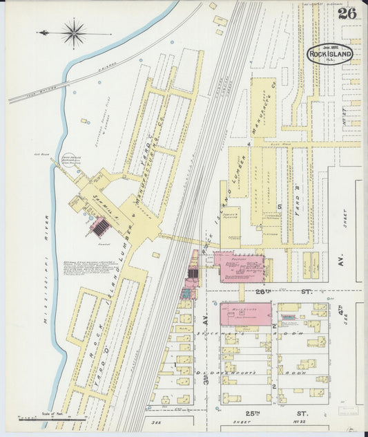 Sanborn Fire Insurance Map from Rock Island, Rock Island County, Illinois (1892), Sheet #0026 - Historic Sanborn Fire Insurance Map Print, vintage old map wall art, antique decor, genealogy gift, Illinois Illinois map