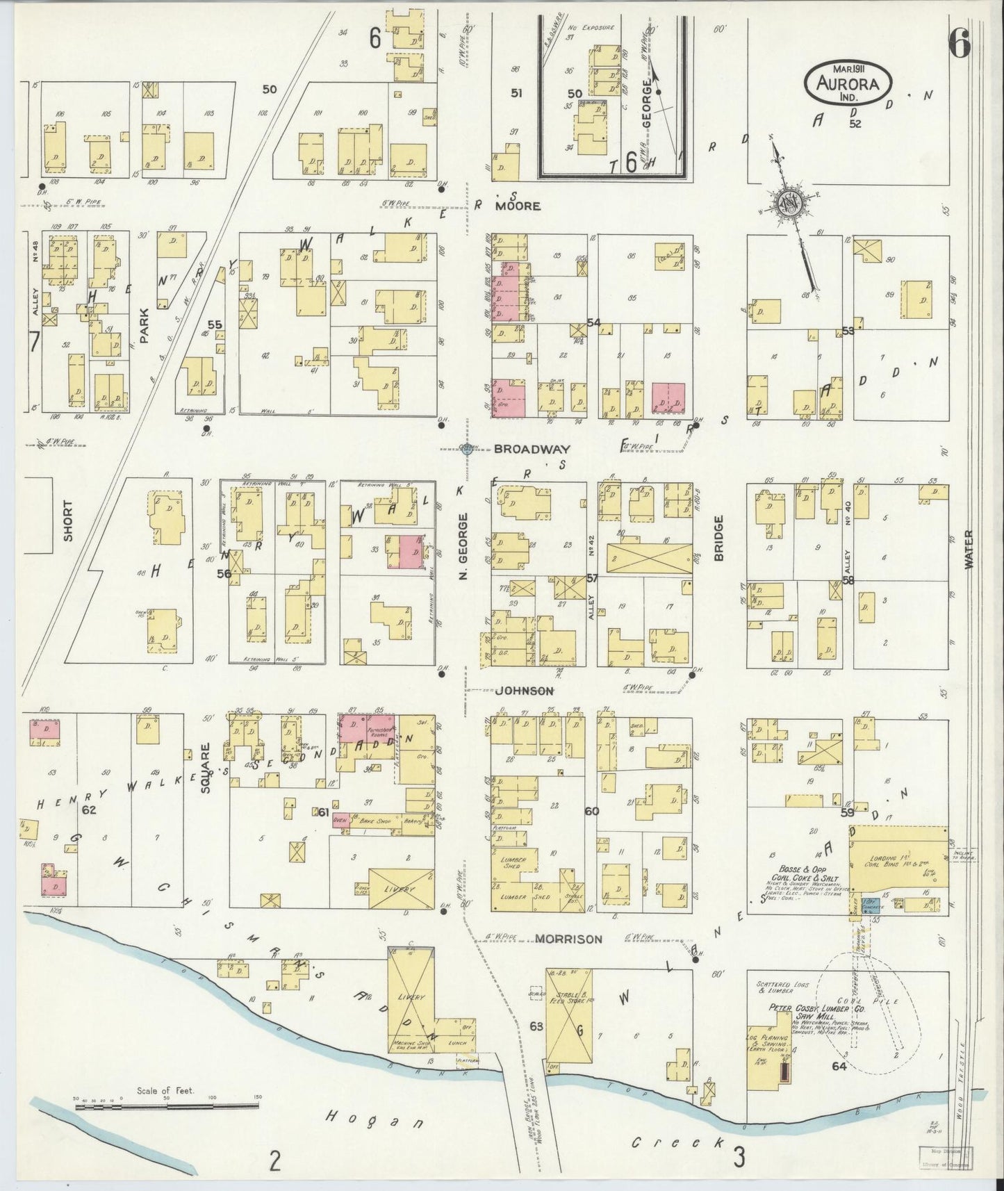 Sanborn Fire Insurance Map from Aurora, Dearborn County, Indiana (1911), Sheet #0006 - Historic Sanborn Fire Insurance Map Print, vintage old map wall art, antique decor, genealogy gift, Indiana Indiana map