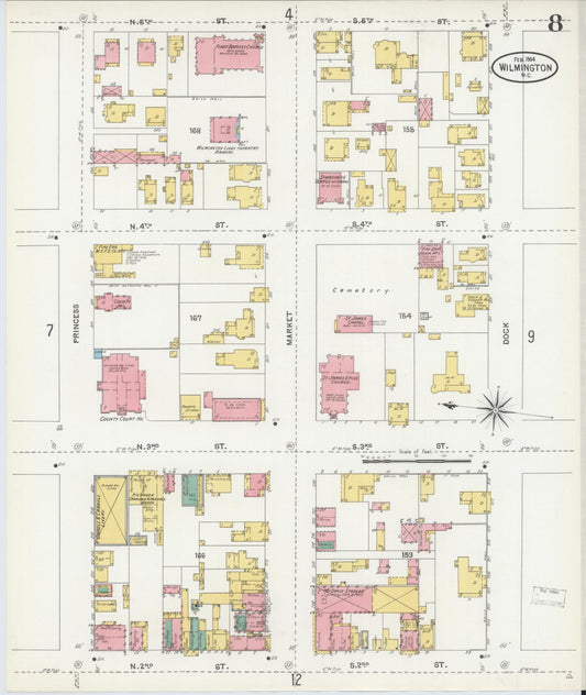 Sanborn Fire Insurance Map from Wilmington, New Hanover County, North Carolina (1904), Sheet #0008 - Historic Sanborn Fire Insurance Map Print, vintage old map wall art, antique decor, genealogy gift, North Carolina North Carolina map