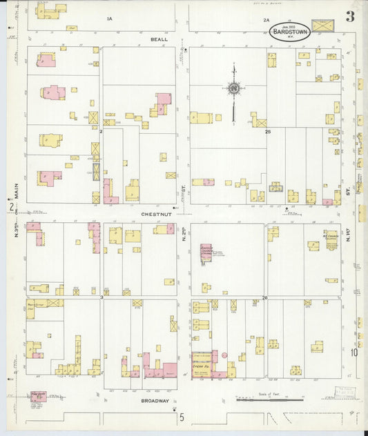 Sanborn Fire Insurance Map from Bardstown, Nelson County, Kentucky (1910), Sheet #0003 - Historic Sanborn Fire Insurance Map Print, vintage old map wall art, antique decor, genealogy gift, Kentucky Kentucky map