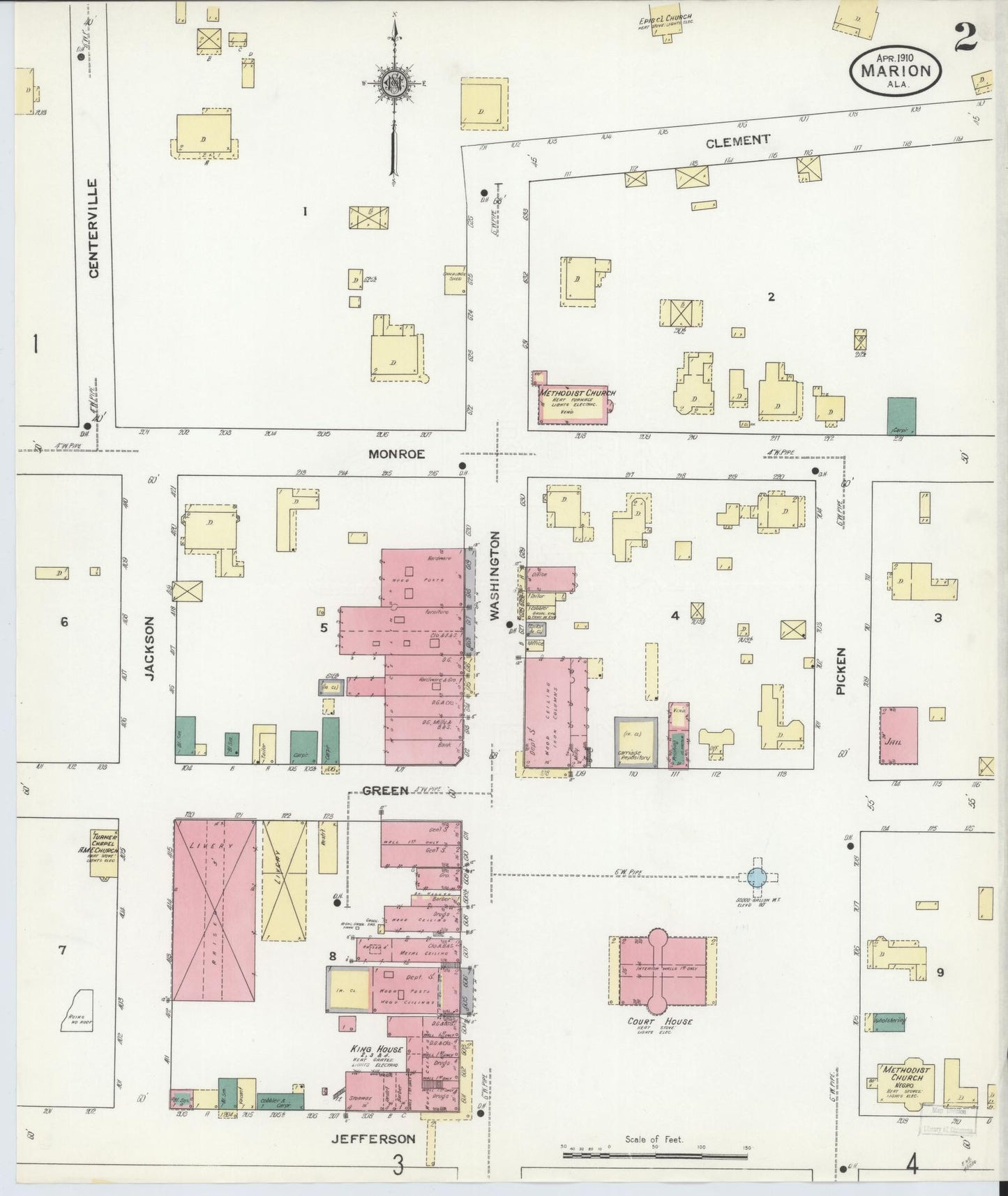 Sanborn Fire Insurance Map from Marion, Perry County, Alabama (1910), Sheet #0002 - Historic Sanborn Fire Insurance Map Print, vintage old map wall art, antique decor, genealogy gift, Alabama Alabama map