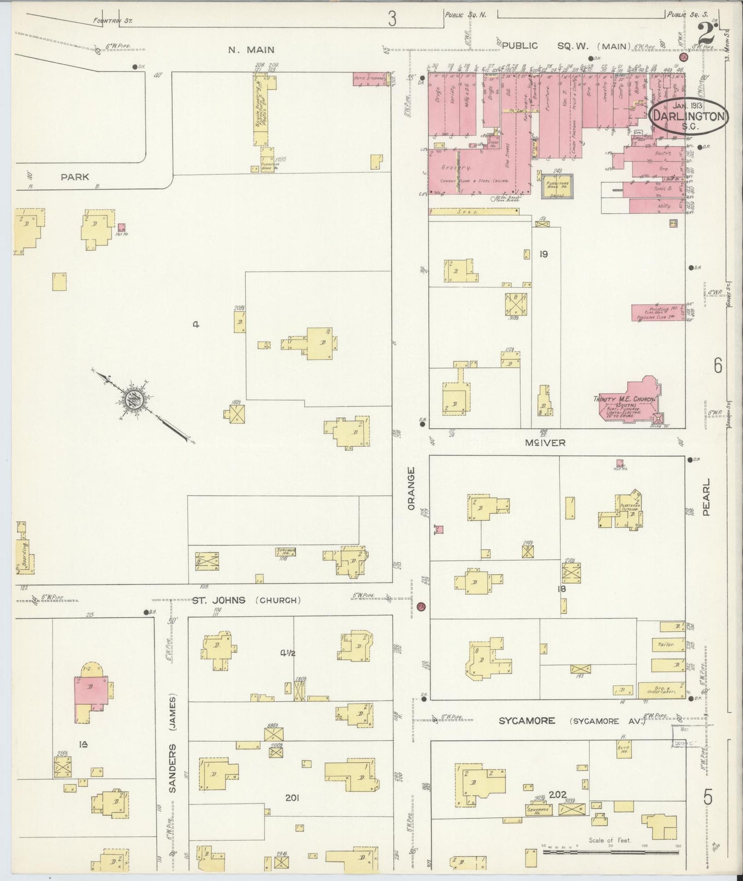 Sanborn Fire Insurance Map from Darlington, Darlington County, South Carolina (1913), Sheet #0002 - Historic Sanborn Fire Insurance Map Print, vintage old map wall art, antique decor, genealogy gift, South Carolina South Carolina map