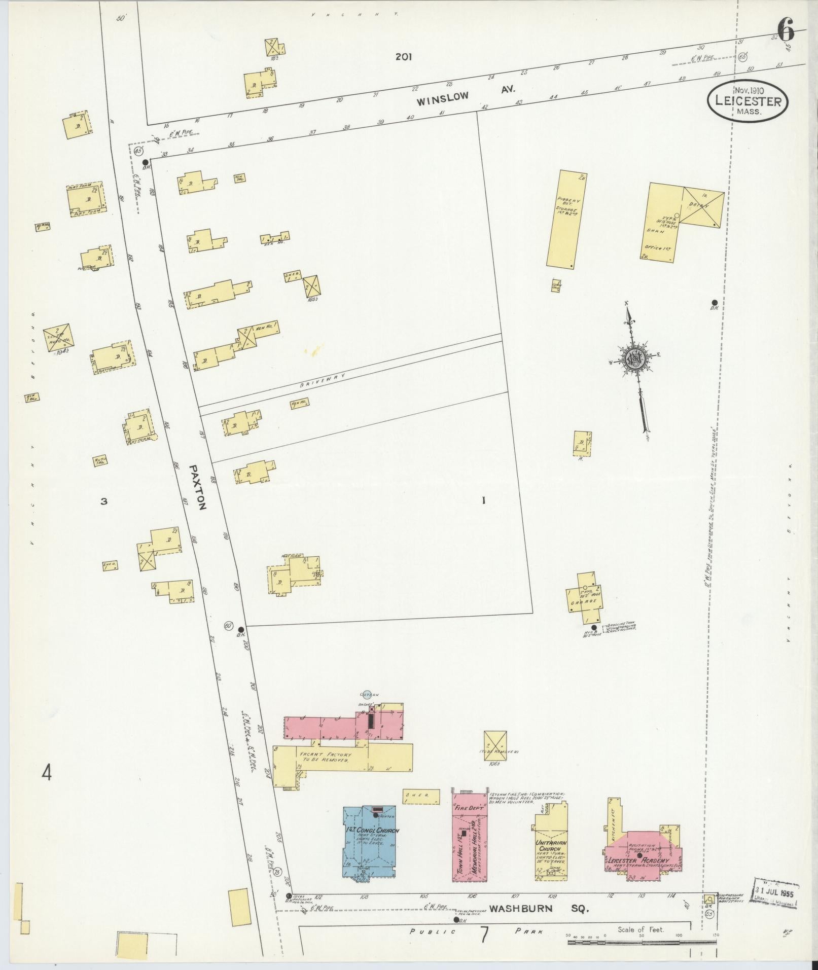 Sanborn Fire Insurance Map from Leicester, Worcester County, Massachusetts (1910), Sheet #0006 - Complete Map Set gallery image, historic Sanborn map, vintage wall art, Massachusetts Massachusetts