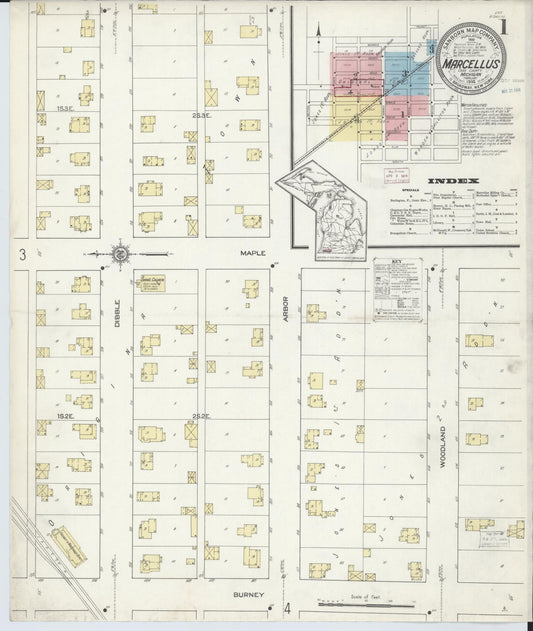 Sanborn Fire Insurance Map from Marcellus, Cass County, Michigan (1914), Sheet #0001 - Historic Sanborn Fire Insurance Map Print, vintage old map wall art, antique decor, genealogy gift, Michigan Michigan map