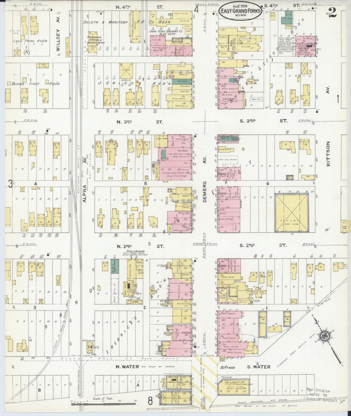 Sanborn Fire Insurance Map from East Grand Forks, Polk County, Minnesota (1909), Sheet #0002 - Complete Map Set gallery image, historic Sanborn map, vintage wall art, Minnesota Minnesota