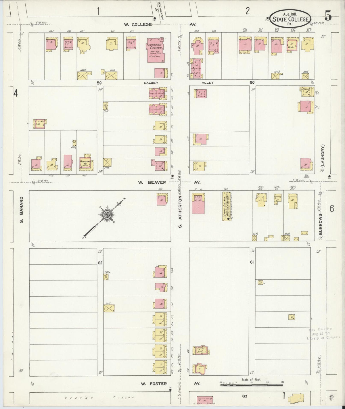 Sanborn Fire Insurance Map from State College, Centre County, Pennsylvania (1911), Sheet #0005 - Historic Sanborn Fire Insurance Map Print, vintage old map wall art, antique decor, genealogy gift, Pennsylvania Pennsylvania map