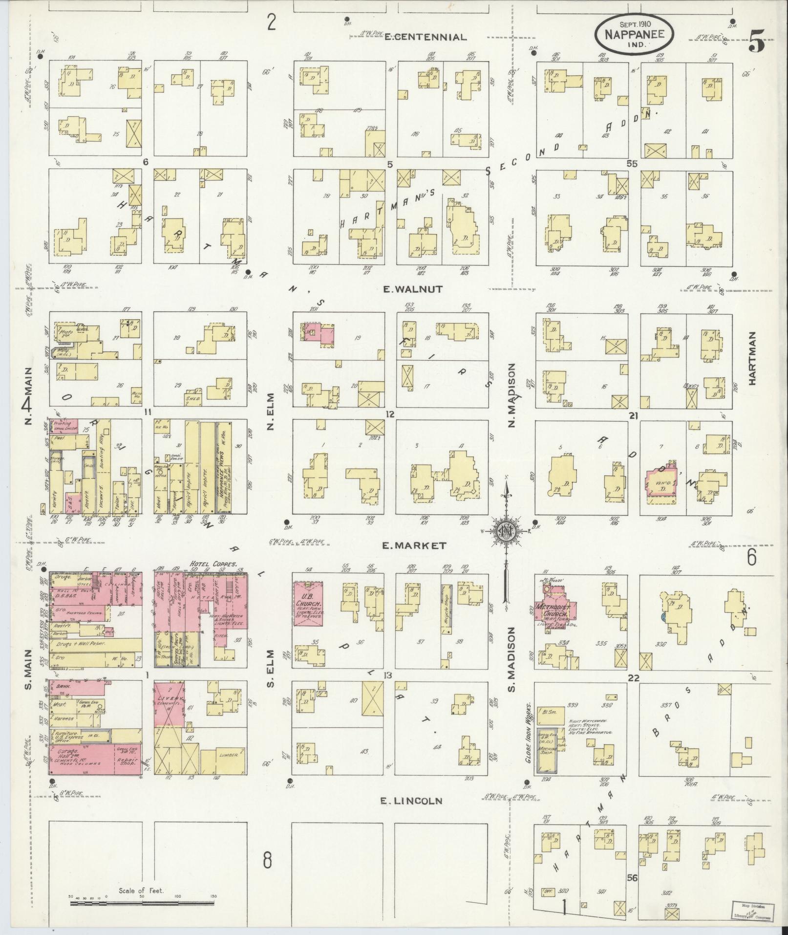 Sanborn Fire Insurance Map from Nappanee, Elkhart County, Indiana (1910), Sheet #0005 - Historic Sanborn Fire Insurance Map Print, vintage old map wall art, antique decor, genealogy gift, Indiana Indiana map