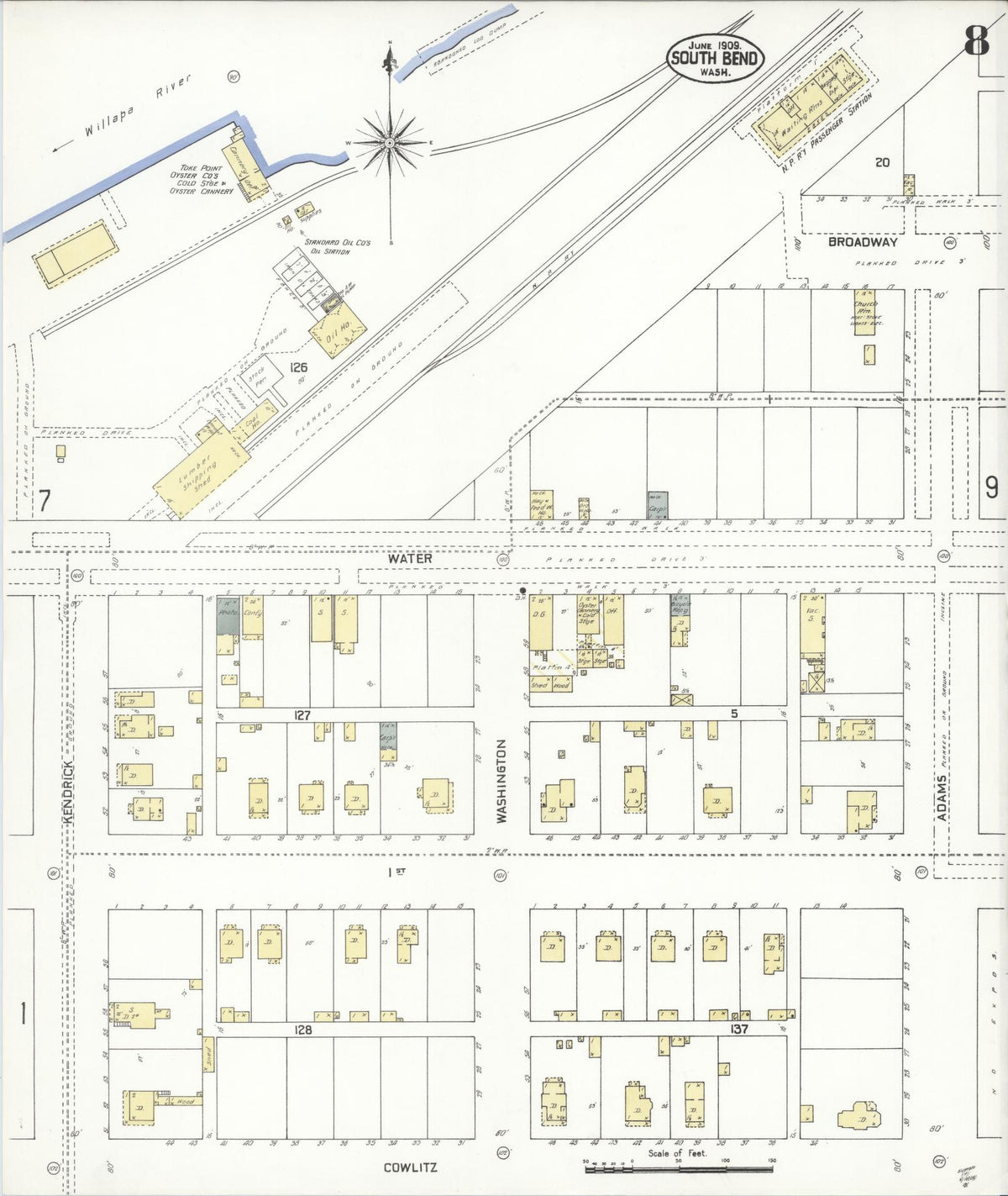 Sanborn Fire Insurance Map from South Bend, Pacific County, Washington (1909), Sheet #0008 - Historic Sanborn Fire Insurance Map Print, vintage old map wall art, antique decor, genealogy gift, Washington Washington map