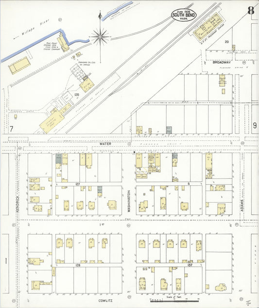 Sanborn Fire Insurance Map from South Bend, Pacific County, Washington (1909), Sheet #0008 - Historic Sanborn Fire Insurance Map Print, vintage old map wall art, antique decor, genealogy gift, Washington Washington map