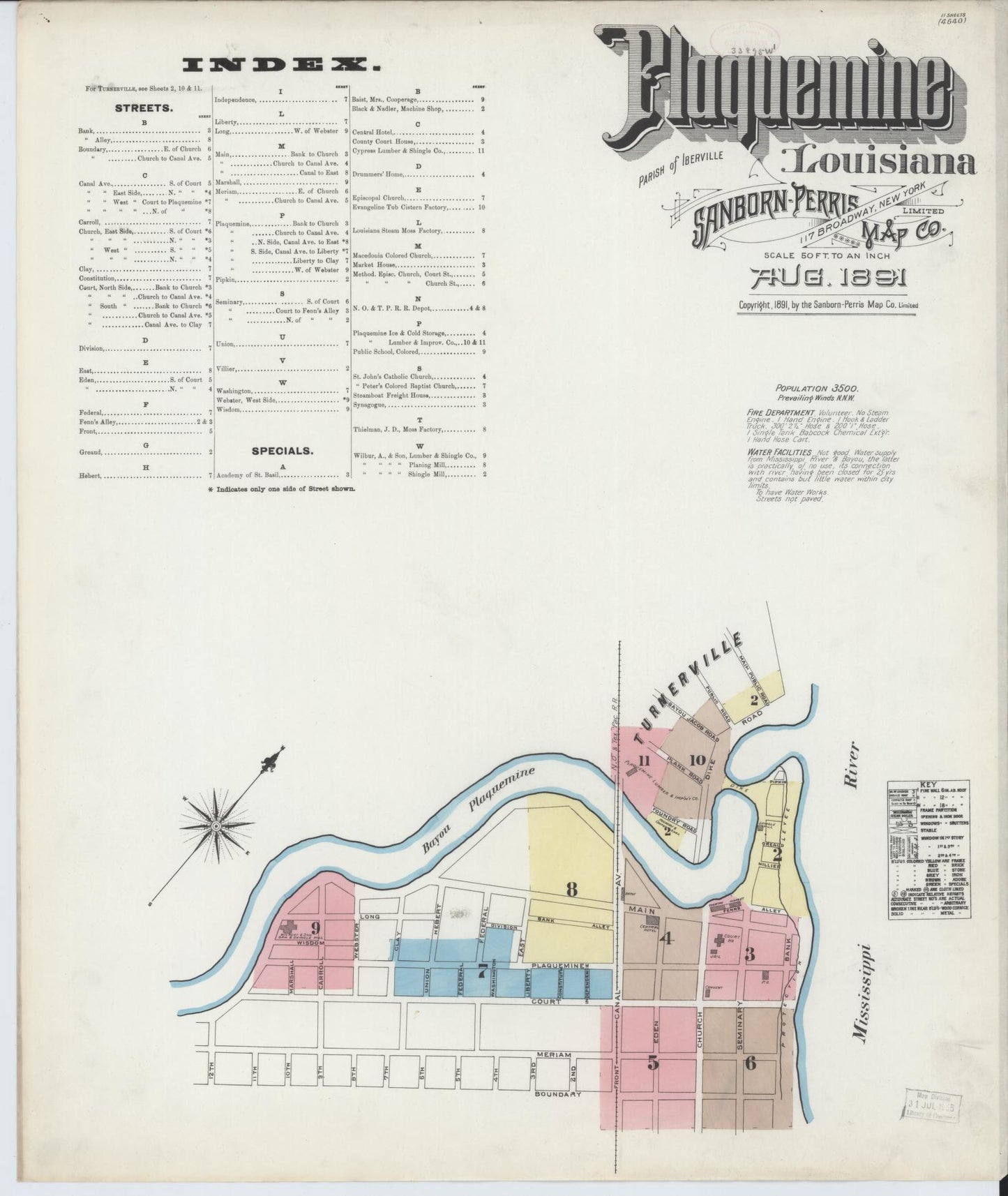 Sanborn Fire Insurance Map from Plaquemine, Iberville Parish, Louisiana. (1891) – Historic Sanborn Fire Insurance Map Print
