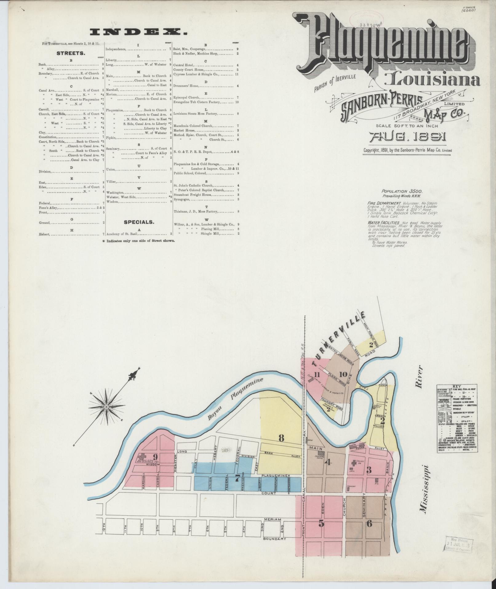 Sanborn Fire Insurance Map from Plaquemine, Iberville Parish, Louisiana. (1891) – Historic Sanborn Fire Insurance Map Print
