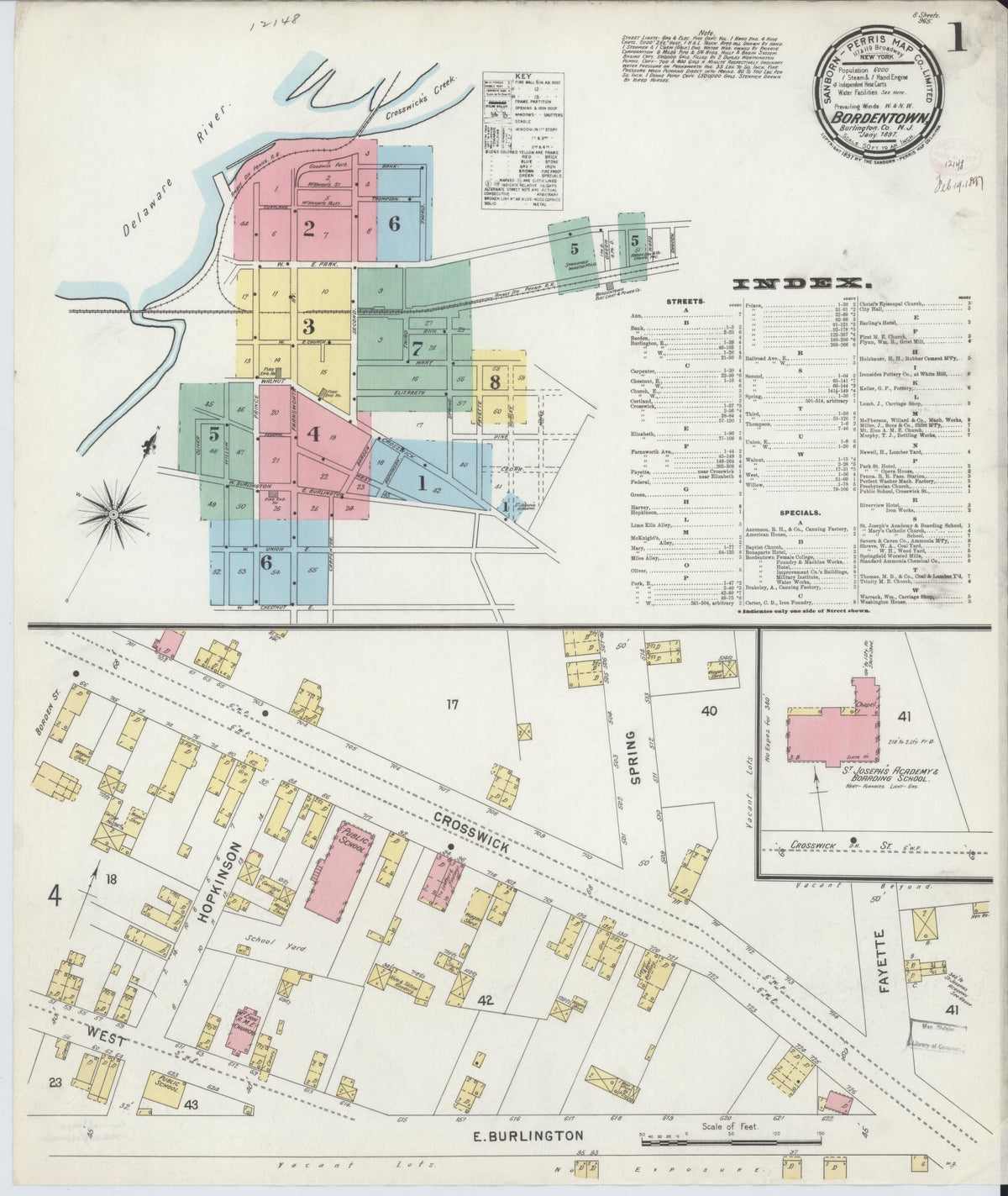 Sanborn Fire Insurance Map from Bordentown, Burlington County, New Jersey (1897), Sheet #0001 - Historic Sanborn Fire Insurance Map Print, vintage old map wall art, antique decor, genealogy gift, New Jersey New Jersey map