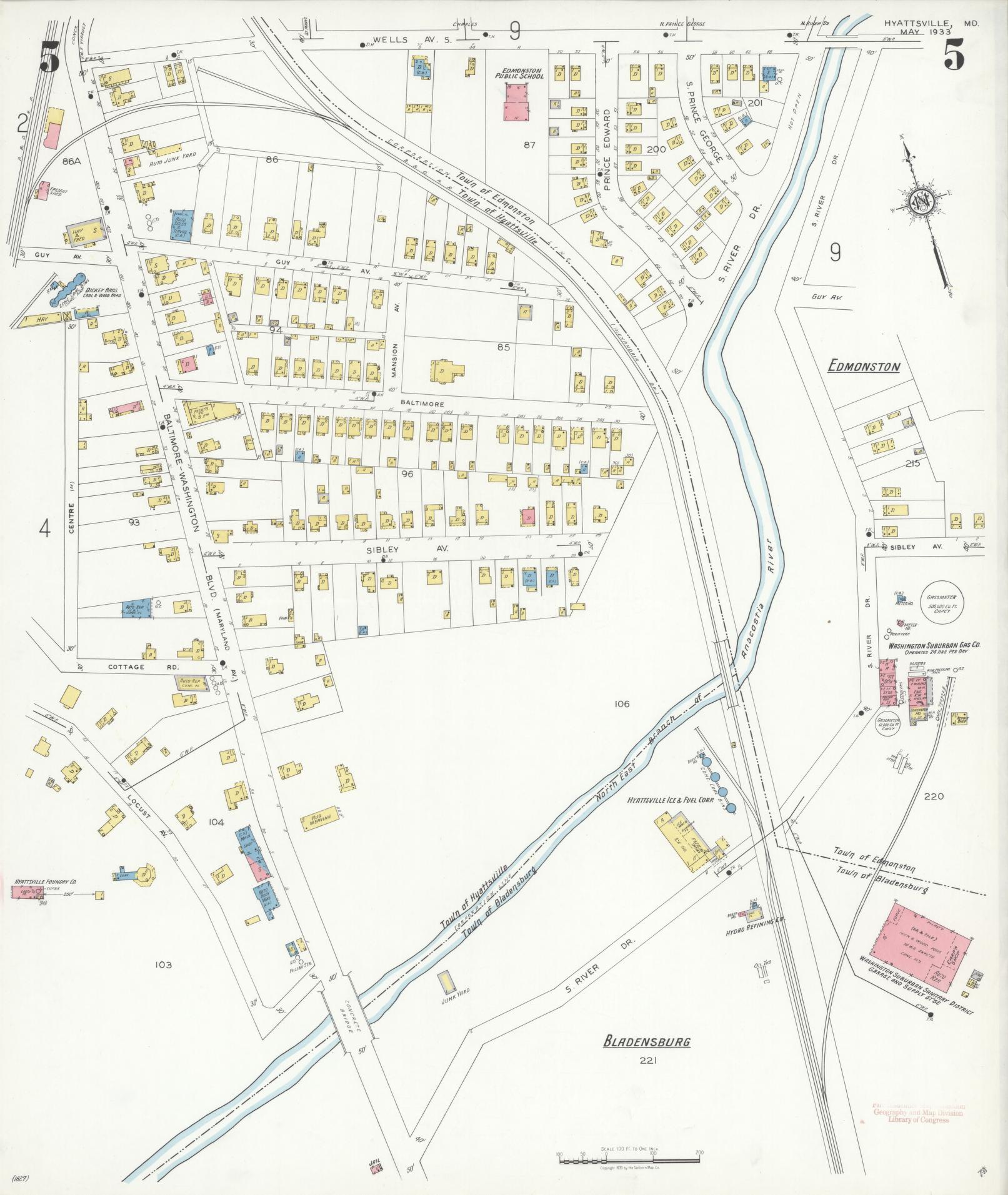 Sanborn Fire Insurance Map from Hyattsville, Prince Georges County, Maryland (1933), Sheet #0005 - Historic Sanborn Fire Insurance Map Print, vintage old map wall art