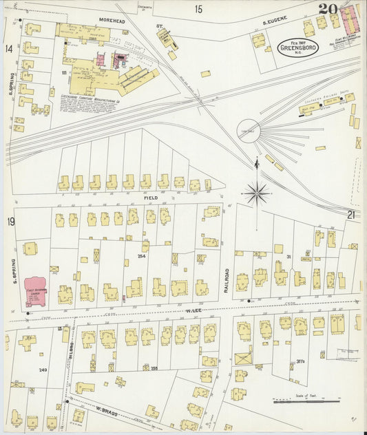 Sanborn Fire Insurance Map from Greensboro, Guilford County, North Carolina (1907), Sheet #0020 - Historic Sanborn Fire Insurance Map Print, vintage old map wall art, antique decor, genealogy gift, North Carolina North Carolina map