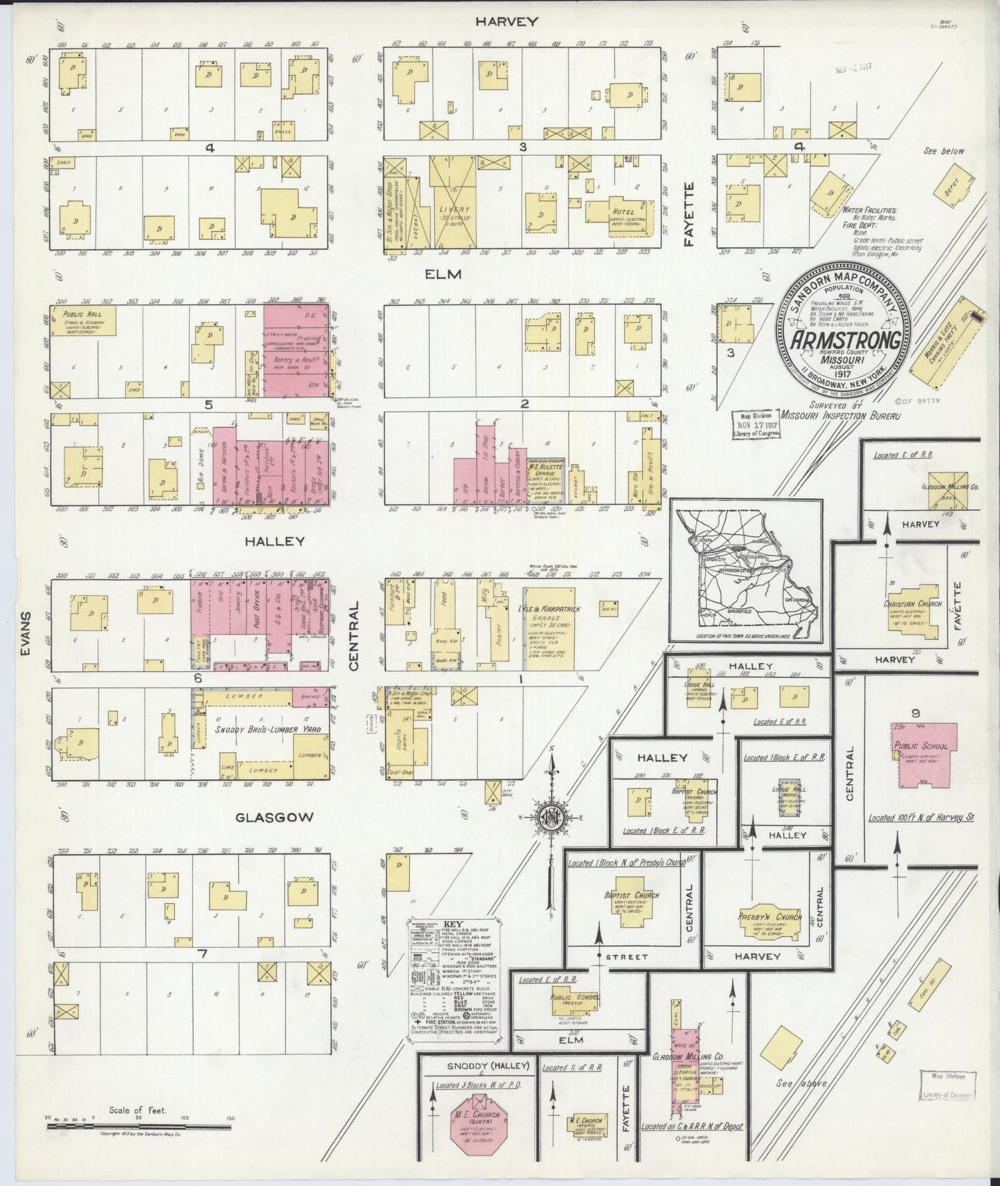 Sanborn Fire Insurance Map from Armstrong, Howard County, Missouri (1917), Sheet #0001 - Historic Sanborn Fire Insurance Map Print, vintage old map wall art, antique decor, genealogy gift, Missouri Missouri map