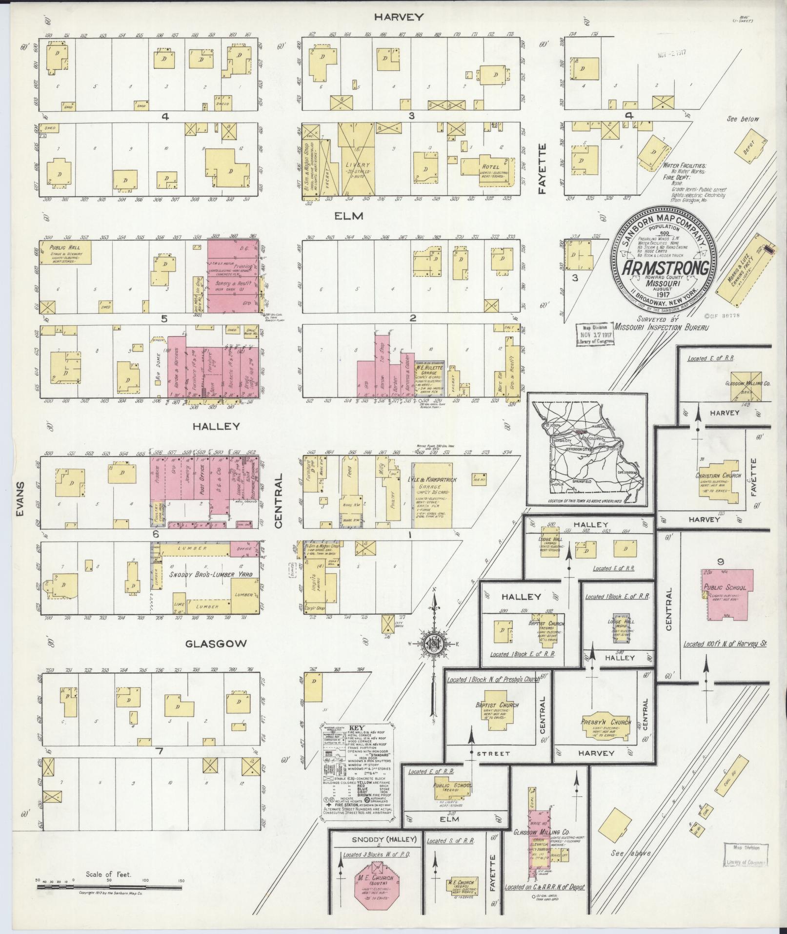 Sanborn Fire Insurance Map from Armstrong, Howard County, Missouri (1917), Sheet #0001 - Historic Sanborn Fire Insurance Map Print, vintage old map wall art, antique decor, genealogy gift, Missouri Missouri map