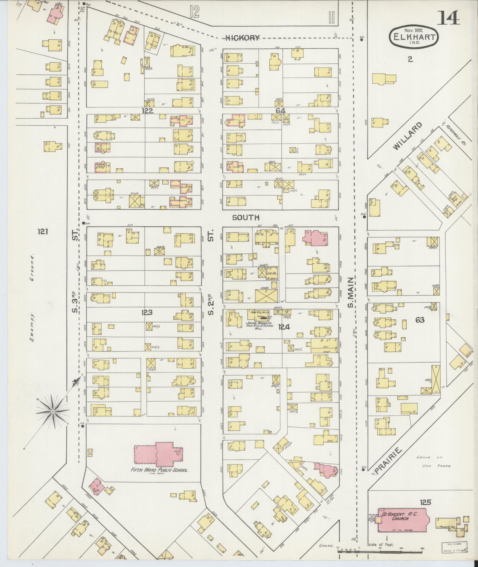 Sanborn Fire Insurance Map from Elkhart, Elkhart County, Indiana (1892), Sheet #0014 - Historic Sanborn Fire Insurance Map Print, vintage old map wall art, antique decor, genealogy gift, Indiana Indiana map