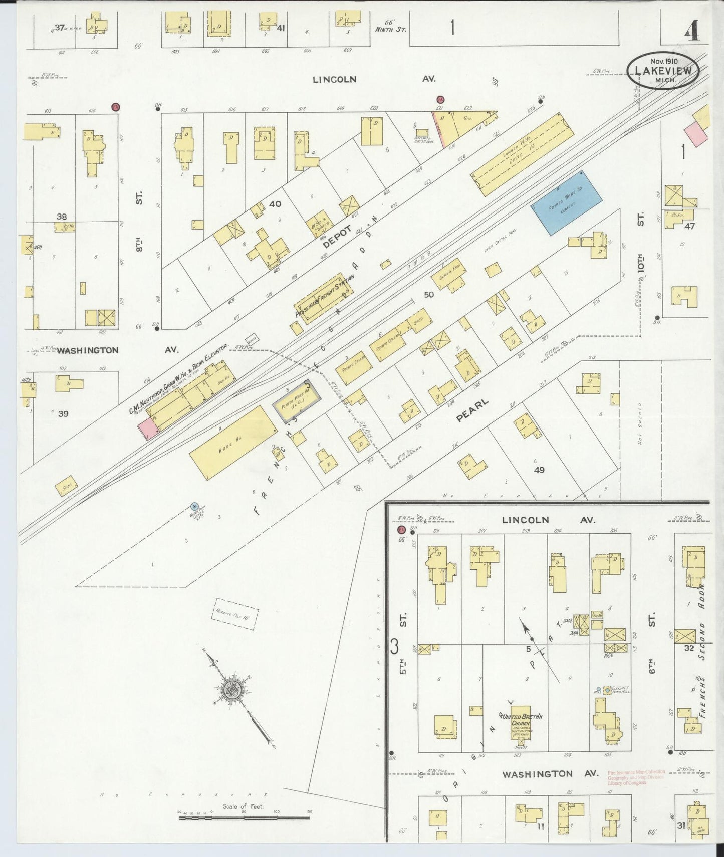 Sanborn Fire Insurance Map from Lakeview, Montcalm County, Michigan (1910), Sheet #0004 - Complete Map Set gallery image, historic Sanborn map, vintage wall art, Michigan Michigan