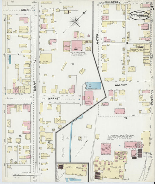 Sanborn Fire Insurance Map from Kittanning, Armstrong County, Pennsylvania (1891), Sheet #0005 - Historic Sanborn Fire Insurance Map Print, vintage old map wall art, antique decor, genealogy gift, Pennsylvania Pennsylvania map