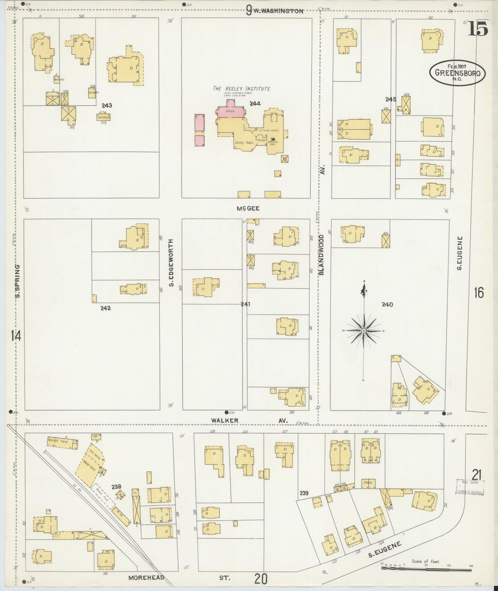 Sanborn Fire Insurance Map from Greensboro, Guilford County, North Carolina (1907), Sheet #0015 - Complete Map Set gallery image, historic Sanborn map, vintage wall art, North Carolina North Carolina