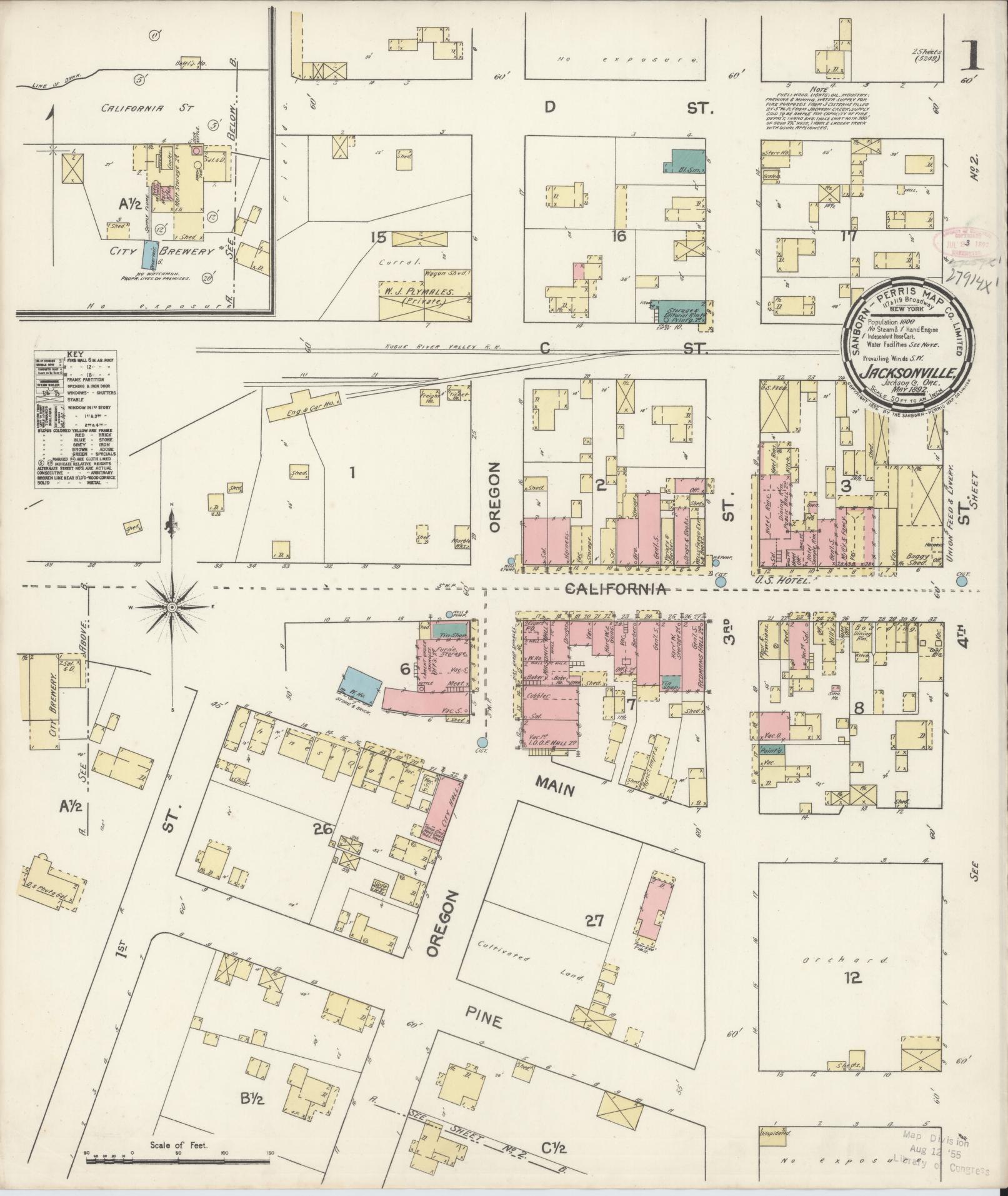 Sanborn Fire Insurance Map from Jacksonville, Jackson County, Oregon. (1892), Sheet 1 – Historic Sanborn Fire Insurance Map Print