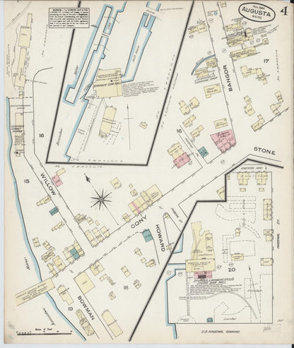 Sanborn Fire Insurance Map from Augusta, Kennebec County, Maine (1884), Sheet #0004 - Complete Map Set gallery image, historic Sanborn map, vintage wall art, Maine Maine