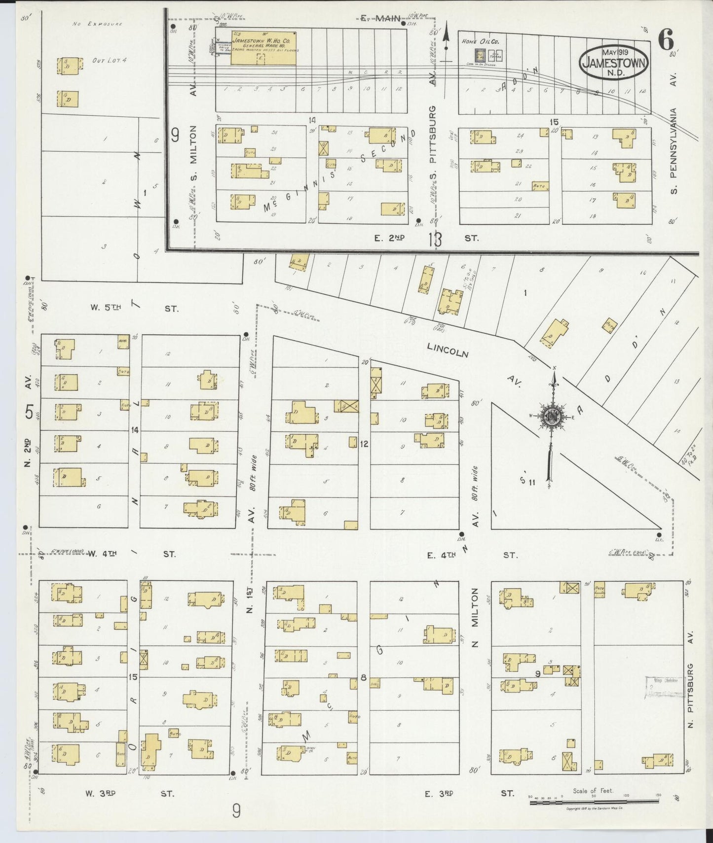 Sanborn Fire Insurance Map from Jamestown, Stutsman County, North Dakota (1919), Sheet #0006 - Historic Sanborn Fire Insurance Map Print, vintage old map wall art, antique decor, genealogy gift, North Dakota North Dakota map