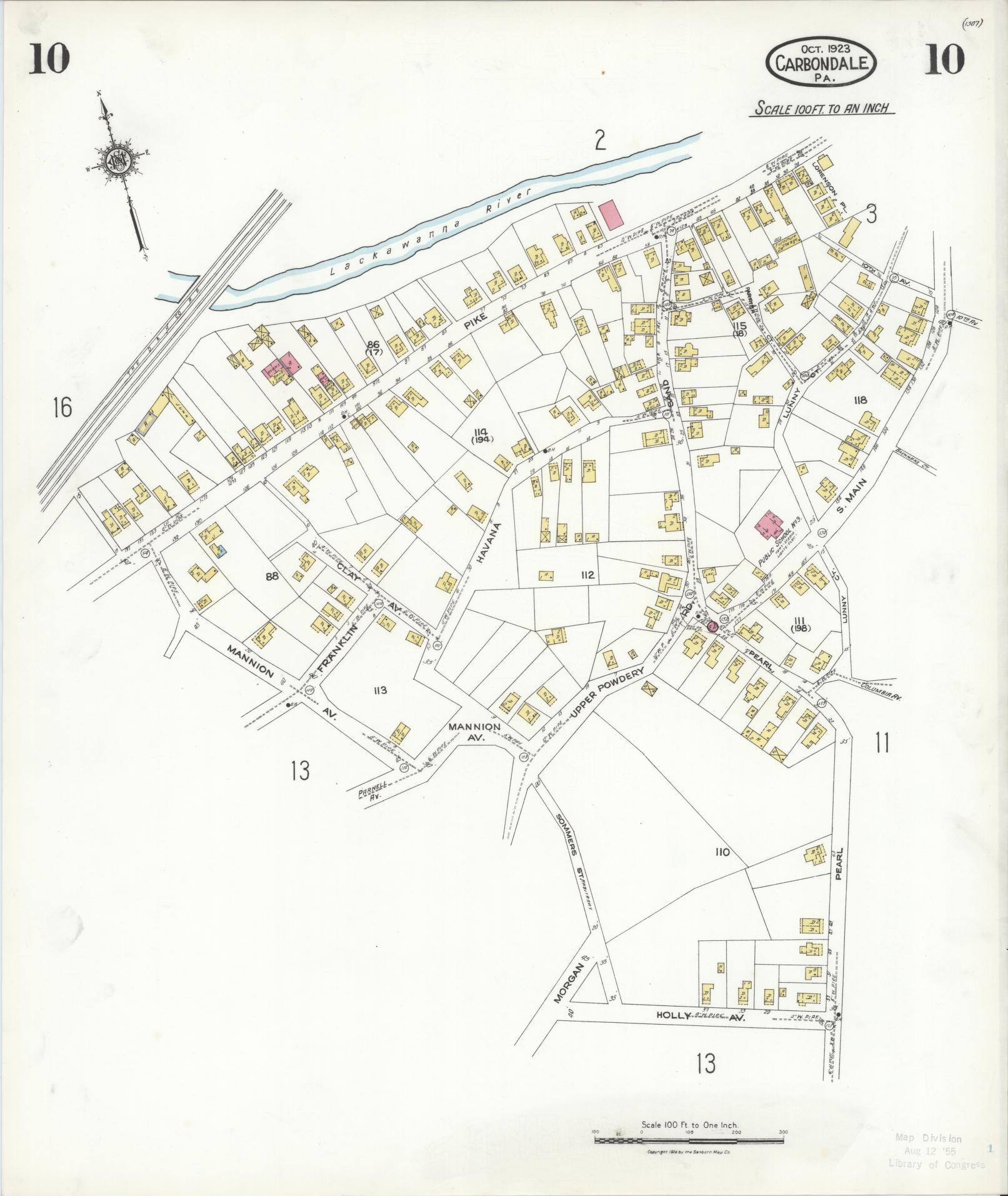 Sanborn Fire Insurance Map from Carbondale, Lackawanna County, Pennsylvania (1923), Sheet #0010 - Historic Sanborn Fire Insurance Map Print, vintage old map wall art, antique decor, genealogy gift, Pennsylvania Pennsylvania map